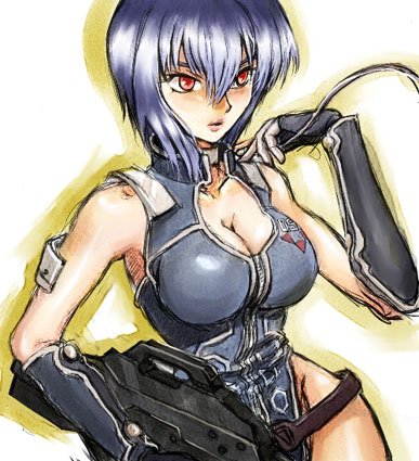 fukuzawa ayumingusu, kusanagi motoko, ghost in the shell, bad id, bad pixiv id, lowres, 1girl, belt, breasts, cleavage, female focus, gloves, large breasts, purple hair, red eyes, short hair, solo, weapon