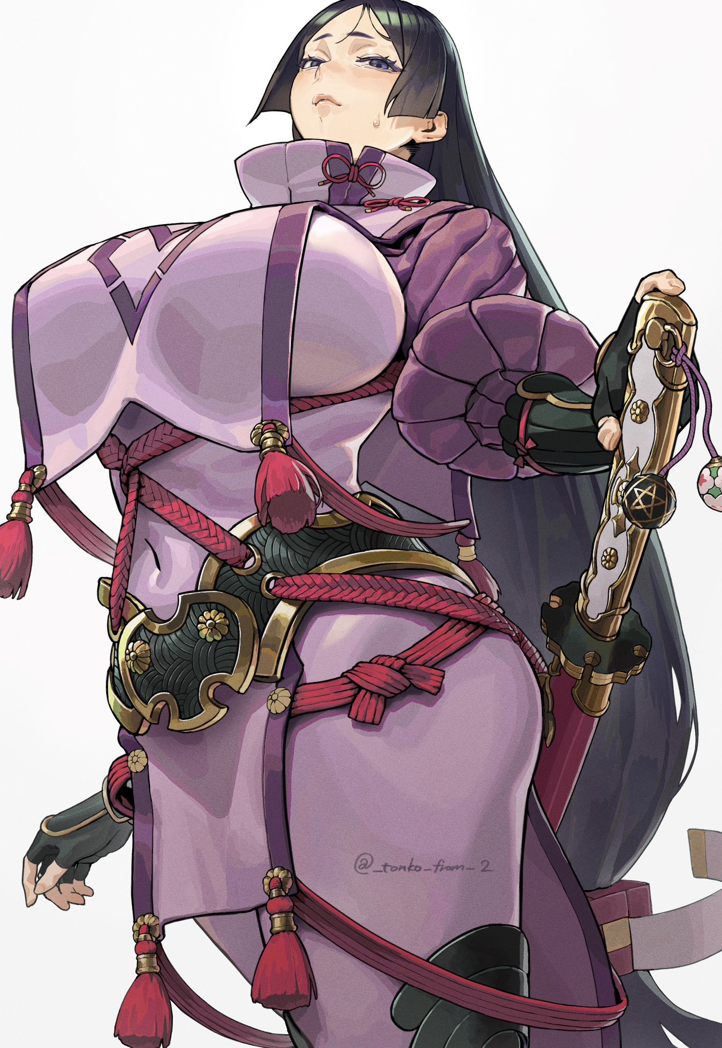 tonko from, minamoto no raikou (fate), fate/grand order, fate (series), highres, 1girl, arm guards, black gloves, black hair, bodysuit, breast curtains, breasts, closed mouth, covered navel, fingerless gloves, from below, gloves, holding, holding sword, holding weapon, huge breasts, long hair, low-tied long hair, parted bangs, purple bodysuit, purple eyes, ribbed sleeves, rope, sheath, simple background, solo, sword, tassel, twitter username, very long hair, weapon, white background