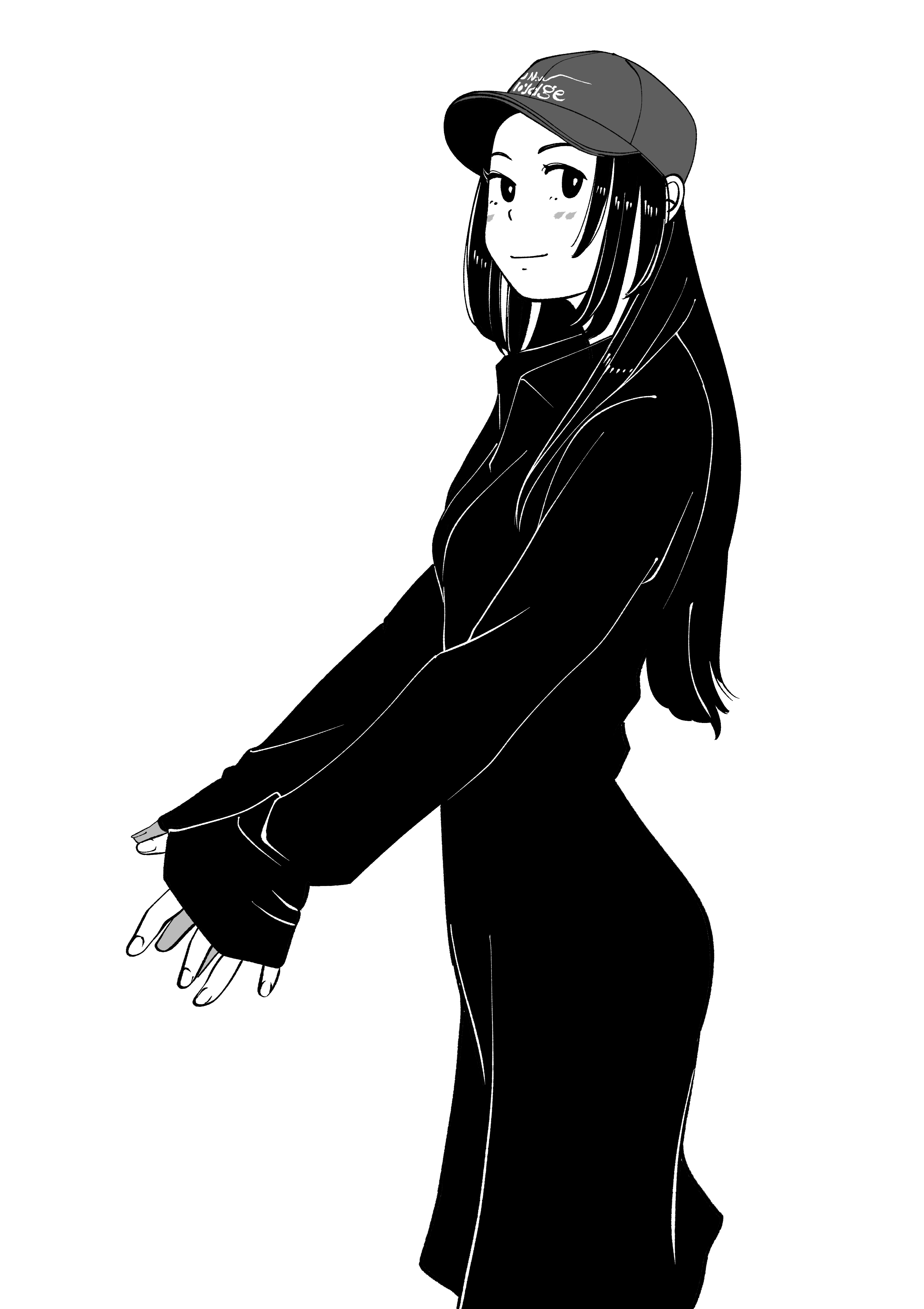 sakamoto giulietta, original, absurdres, commentary, highres, 1girl, baseball cap, blush, closed mouth, collared dress, cowboy shot, dress, from side, greyscale, hat, light smile, long hair, long sleeves, looking at viewer, looking to the side, monochrome, own hands together, sidelocks, sideways glance, simple background, sleeves past wrists, solo, standing, turning head, white background