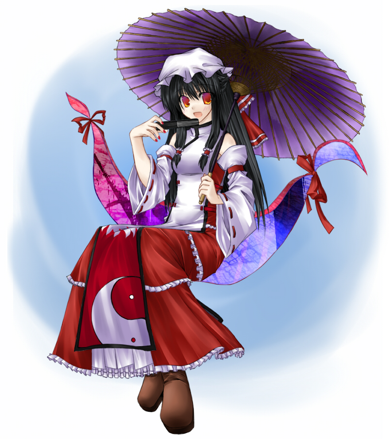 shiren, shiren (monochrome structure), hakurei reimu, yakumo yukari, touhou, bad id, bad pixiv id, 1girl, black hair, child, detached sleeves, female focus, fusion, gap (touhou), if they mated, japanese clothes, miko, oil-paper umbrella, orange eyes, parasol, solo, umbrella, yuri