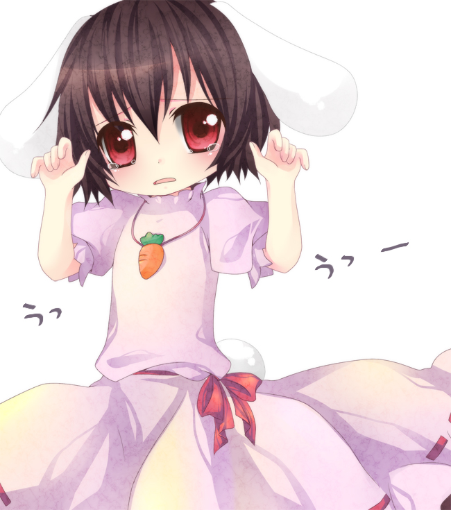 mikazuki sara, inaba tewi, touhou, bad id, bad pixiv id, translation request, 1girl, animal ears, female focus, rabbit ears, short hair, simple background, solo, standing, tears, white background