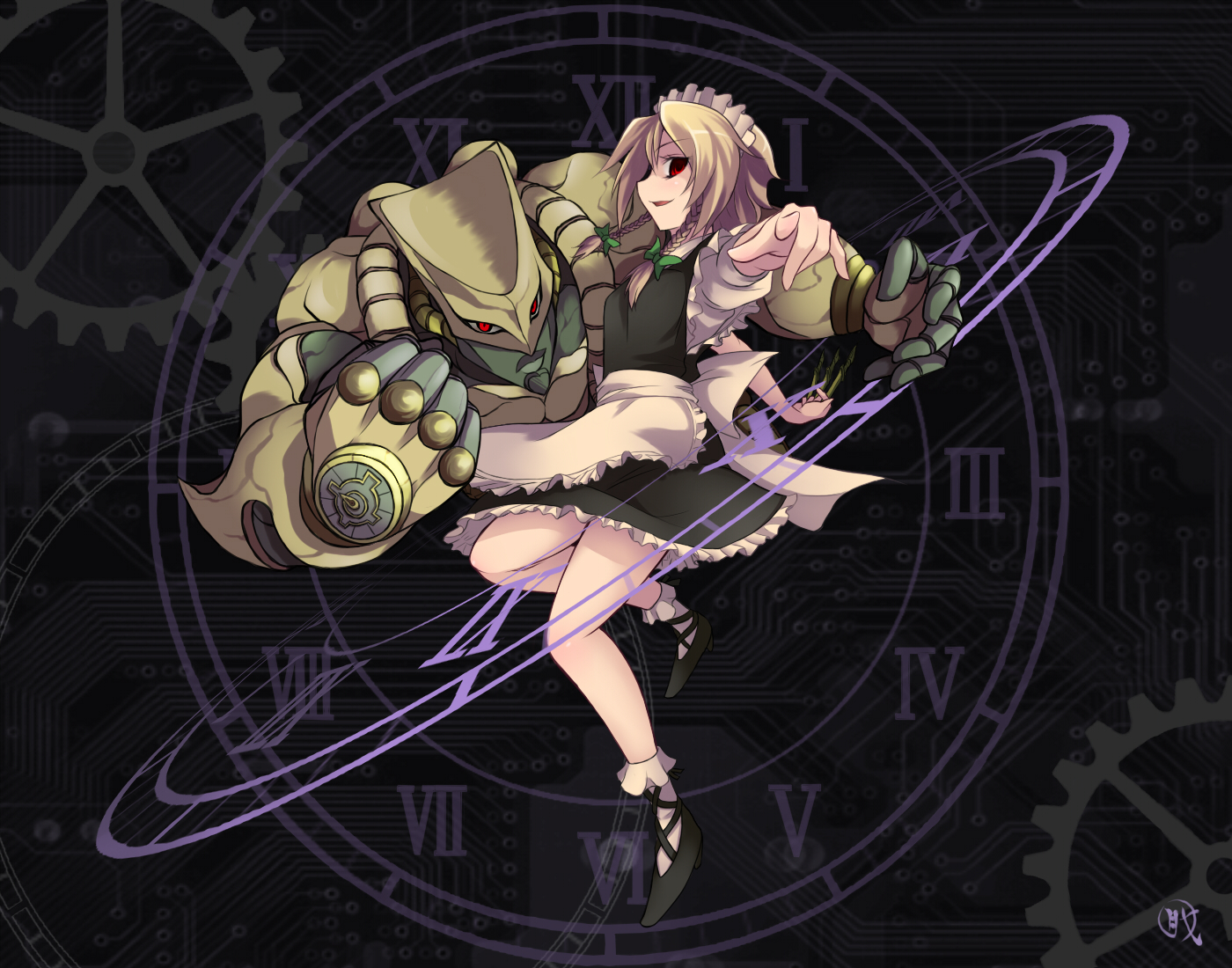 uruu gekka, izayoi sakuya, the world, jojo no kimyou na bouken, m.u.g.e.n, touhou, alternate hair color, blonde hair, braid, crossover, maid, parody, red eyes, ribbon, solo, stand (jojo), twin braids