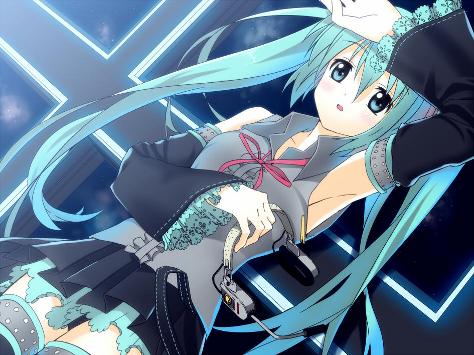 nagareboshi, hatsune miku, vocaloid, 1girl, female focus, green hair, headset, long hair, panties, ribbon, skirt, solo, thighhighs, twintails, underwear