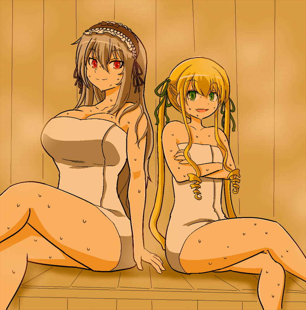 itini-sanshi, shinku, suigintou, rozen maiden, commentary request, 2girls, alternate breast size (larger), arms under breasts, black hairband, blonde hair, breasts, cleavage, crossed arms, drill hair, drill sidelocks, feet out of frame, frilled hairband, frills, green eyes, green ribbon, grey hair, hair ribbon, hairband, large breasts, long hair, multiple girls, naked towel, open mouth, red eyes, ribbon, sauna, sidelocks, smile, steam, sweat, towel, towel on head, twintails, very long hair