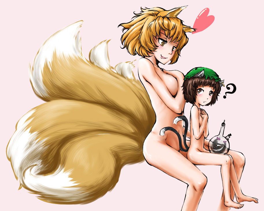 utauinu, chen, yakumo ran, touhou, bad id, bad pixiv id, 2girls, ?, animal ears, barefoot, blonde hair, brown hair, cat ears, cat girl, cat tail, crossover, earrings, fang, female focus, flask, fox ears, fox tail, gap (touhou), hat, heart, jewelry, loli, multiple girls, multiple tails, nude, petite, round-bottom flask, size difference, tail, tongue