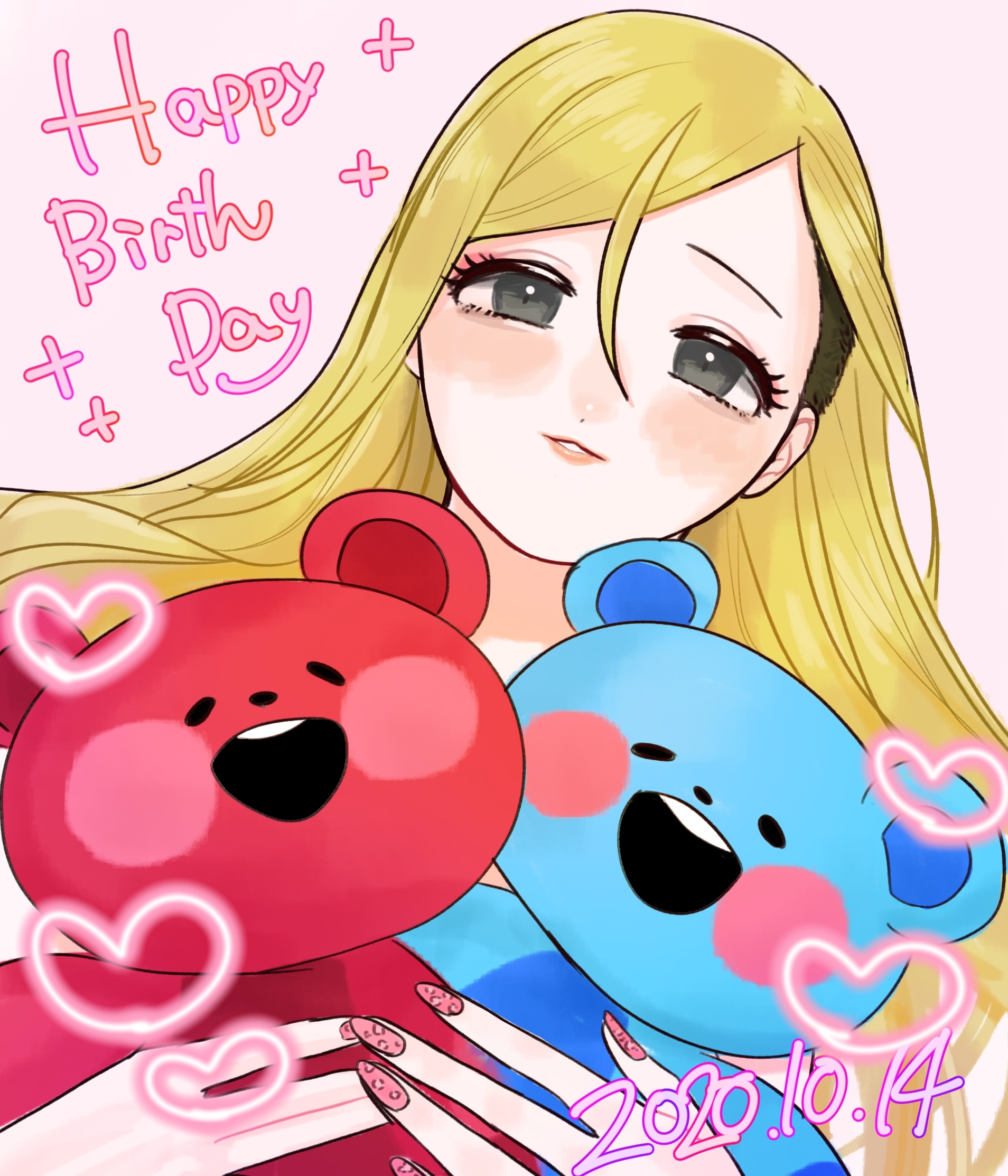 fujimoto rina, idolmaster, idolmaster cinderella girls, commentary request, highres, 1girl, blonde hair, blush, dated, dot nose, english text, eyelashes, grey eyes, hair between eyes, happy birthday, heart, holding, holding stuffed toy, long hair, nail polish, omizu (mm8mm), smile, solo, stuffed animal, stuffed toy, teddy bear, undercut
