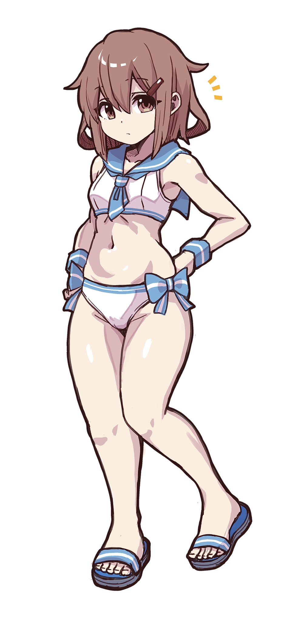 unagiman, ikazuchi (kancolle), idolmaster, idolmaster cinderella girls, idolmaster cinderella girls starlight stage, kantai collection, highres, 1girl, bikini, blue neckerchief, blue sailor collar, breasts, brown eyes, brown hair, looking at viewer, navel, neckerchief, notice lines, sailor bikini, sailor collar, sailor swimsuit (idolmaster), sandals, short hair, side-tie bikini bottom, simple background, small breasts, solo, swimsuit, white background