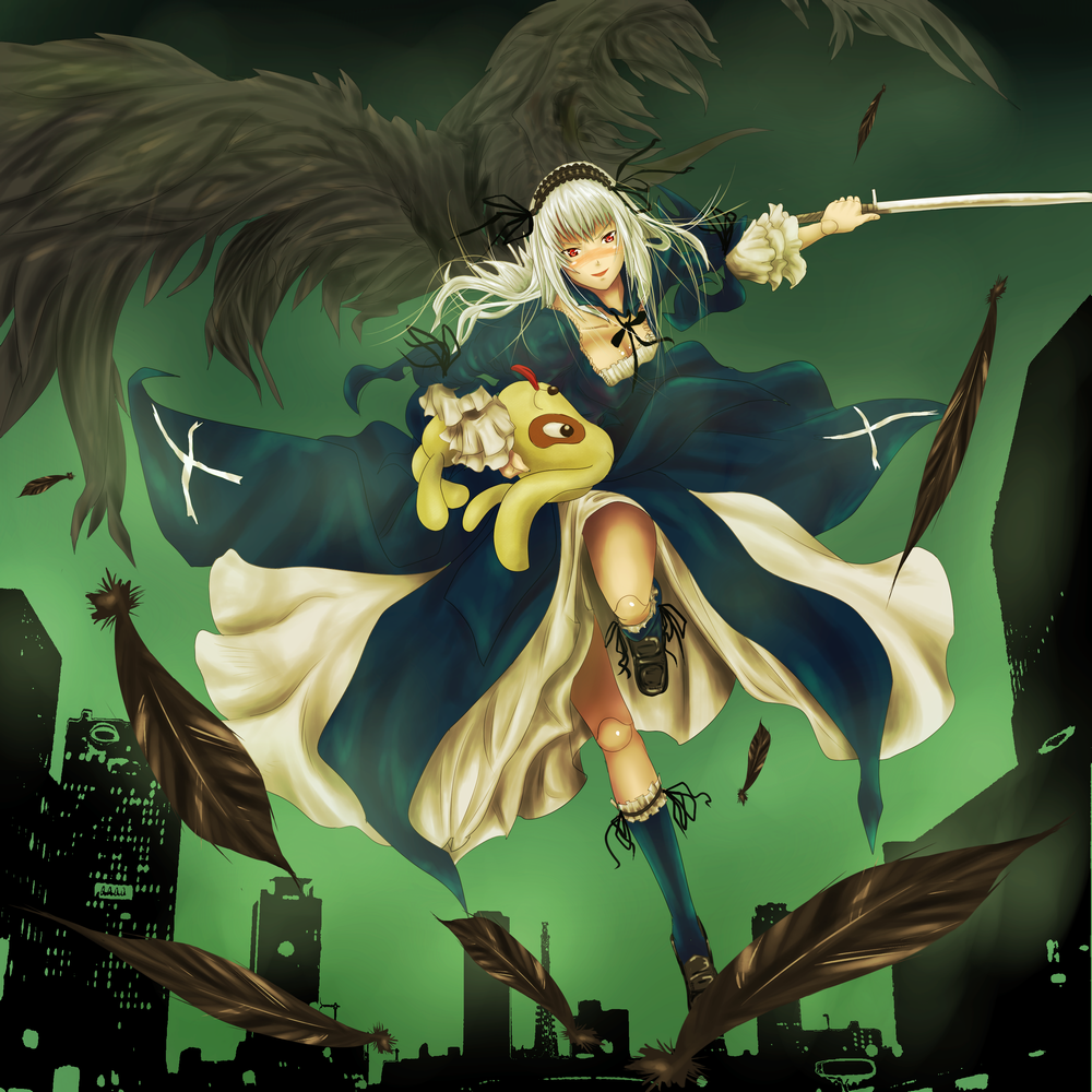 amiba48, kunkun, suigintou, rozen maiden, silver hair, bad id, bad pixiv id, 00s, blush, boots, city, doll joints, dress, feathers, frills, hairband, joints, knee boots, long hair, red eyes, solo, sword, weapon, wings
