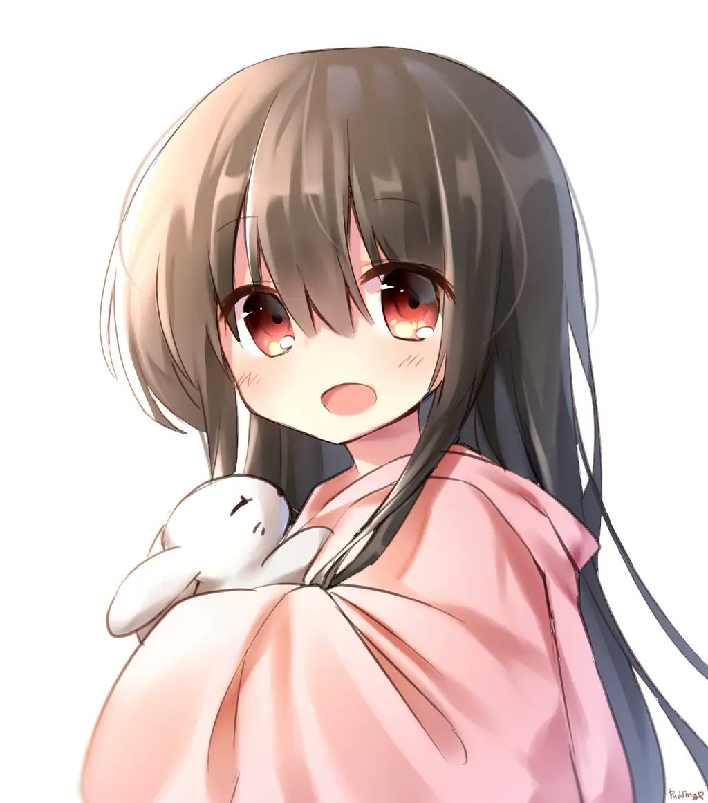 pudding (skymint 028), houraisan kaguya, touhou, commentary, symbol-only commentary, 1girl, :d, animal, black hair, hair between eyes, holding, holding animal, holding rabbit, long hair, long sleeves, looking at viewer, open mouth, pink shirt, rabbit, red eyes, shirt, simple background, smile, solo, upper body, white background