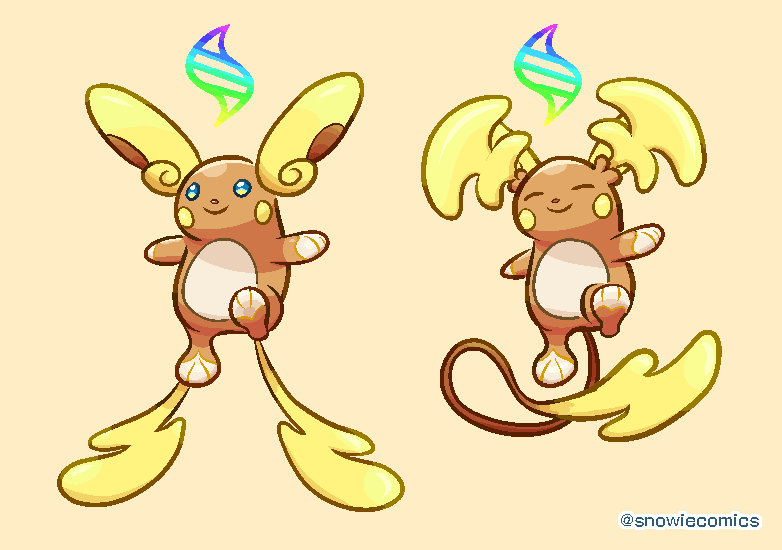 snowiecomics, alolan raichu, mega raichu x, mega raichu y, raichu, nintendo, pokemon, commentary request, alolan form, closed eyes, closed mouth, full body, gen 1 pokemon, gen 7 pokemon, mega evolution symbol, mega pokemon (other), multiple tails, no humans, pokemon (creature), pokemon focus, simple background, smile, tail