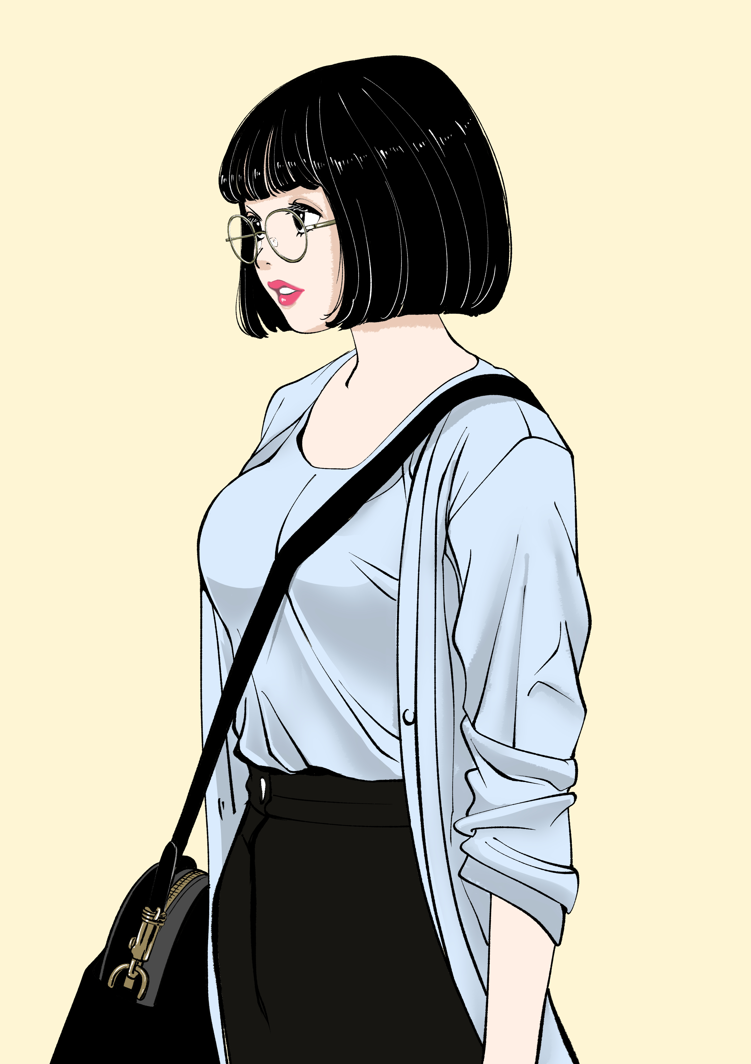 sakamoto giulietta, original, absurdres, commentary, highres, 1girl, arms at sides, bag, black bag, black eyes, black hair, black skirt, bob cut, breasts, cardigan, cowboy shot, glasses, handbag, large breasts, lipstick, looking ahead, makeup, open cardigan, open clothes, parted lips, pink lips, round eyewear, shirt, shirt tucked in, short hair, shoulder bag, simple background, skirt, sleeves pushed up, solo, standing, three-quarter sleeves, white cardigan, white shirt, yellow-framed eyewear, yellow background
