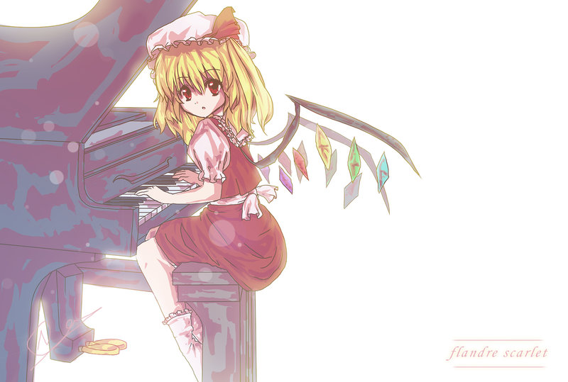 noorrzz, flandre scarlet, touhou, 1girl, blonde hair, female focus, grand piano, hat, hat ribbon, instrument, mob cap, one side up, piano, ponytail, red eyes, ribbon, short hair, side ponytail, solo, wings