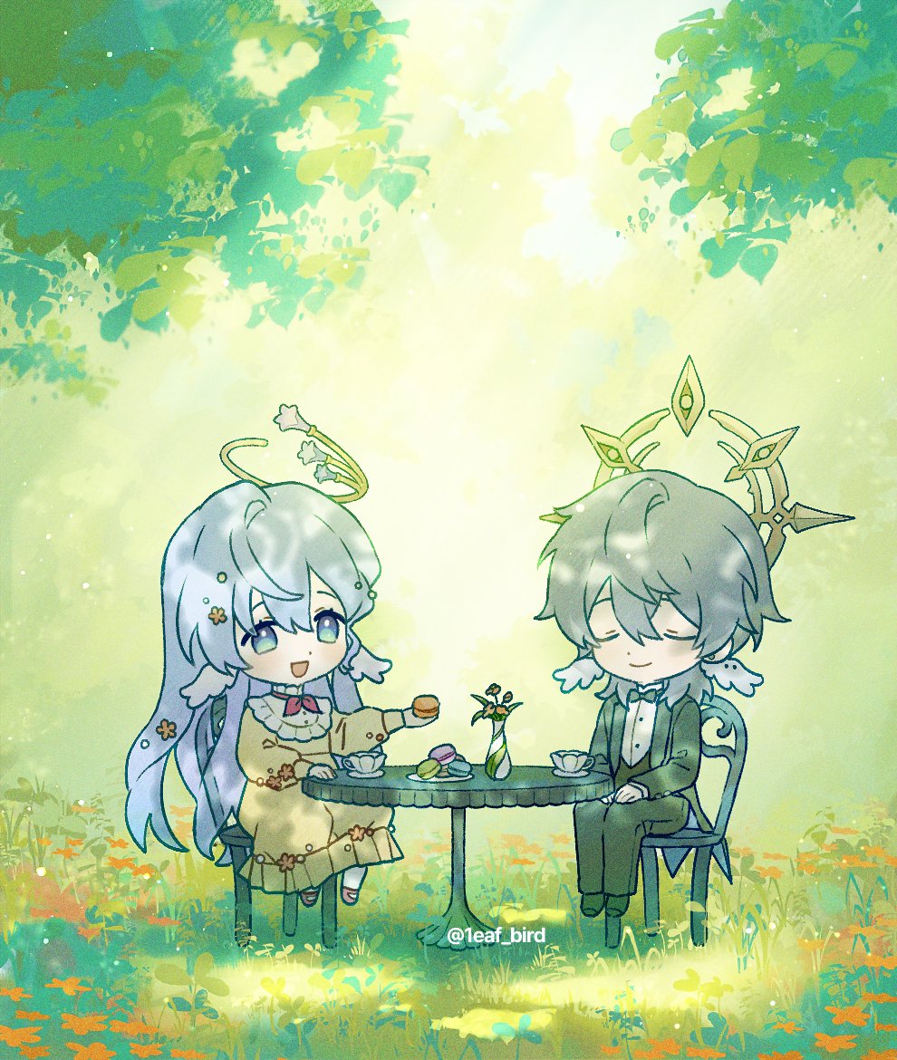 robin (honkai: star rail), sunday (honkai: star rail), honkai: star rail, honkai (series), commentary request, korean commentary, 1boy, 1eaf bird, 1girl, :d, alternate costume, aqua eyes, black bow, black bowtie, black jacket, black pants, black shoes, black vest, bow, bowtie, brother and sister, chair, chibi, chibi only, closed eyes, closed mouth, cup, dappled sunlight, dress, earrings, flower, food, grass, grey hair, hair between eyes, hair flower, hair ornament, halo, halo behind head, hand up, hands on lap, head wings, holding, holding food, jacket, jewelry, leaf, long sleeves, looking at food, macaron, medium hair, neckerchief, on chair, open mouth, orange flower, outdoors, pants, piercing, pink neckerchief, pink shoes, plate, puffy long sleeves, puffy sleeves, purple hair, round table, saucer, shirt, shoes, siblings, sitting, smile, socks, spiked halo, sunlight, table, teacup, tree, twitter username, vase, vest, white shirt, white socks, white wings, wing piercing, wings, yellow dress