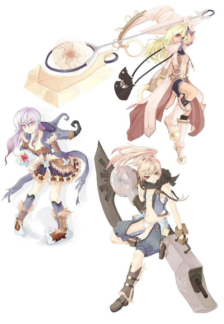 hiiragi shou, hiiragi tadashi, bad id, bad pixiv id, 3girls, axe, hat, long hair, multiple girls, ponytail, weapon
