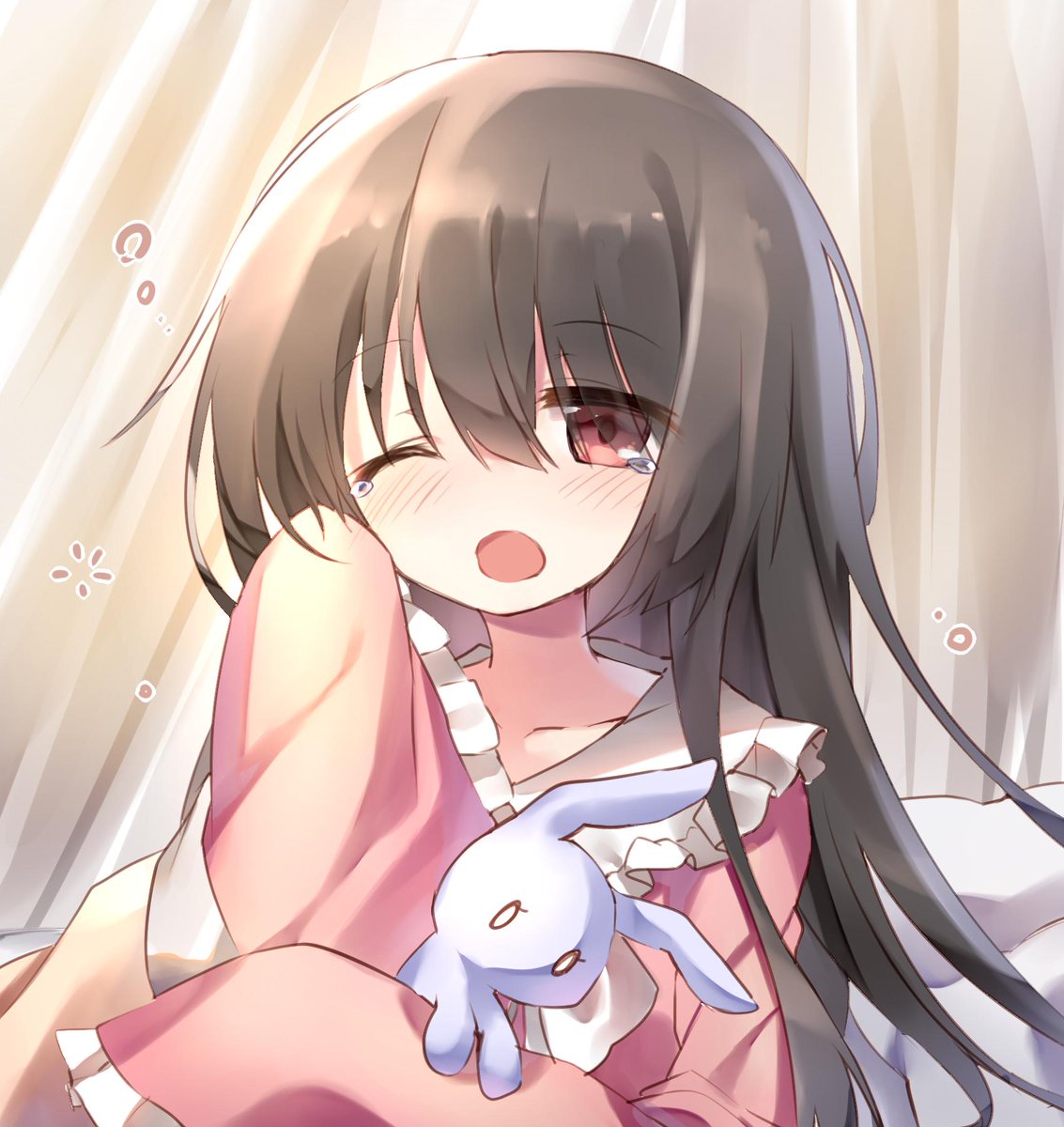 pudding (skymint 028), houraisan kaguya, touhou, commentary, highres, symbol-only commentary, 1girl, ;o, animal, black hair, frilled sleeves, frills, holding, holding animal, holding rabbit, long hair, long sleeves, looking at viewer, one eye closed, pink shirt, rabbit, red eyes, shirt, solo, squeans, tearing up, upper body, yawning