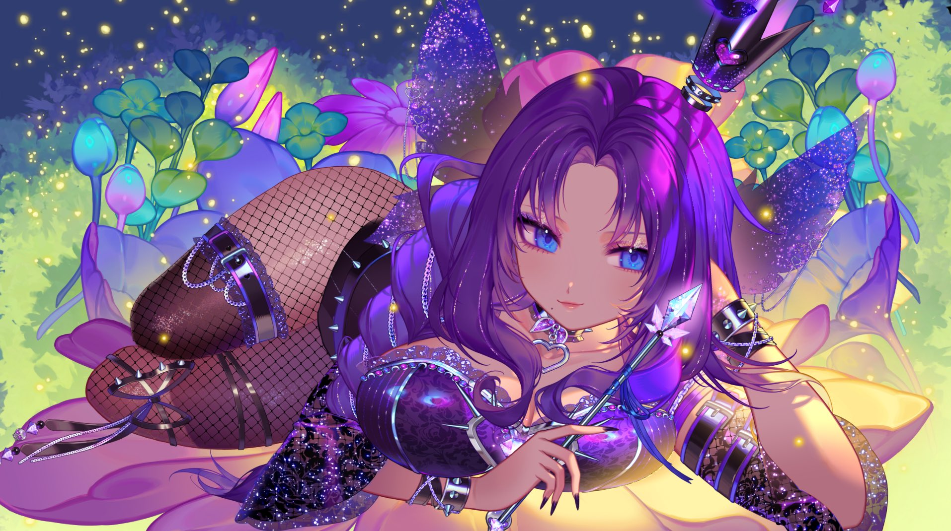 orange sekaii, cha cha (vtuber), indie virtual youtuber, highres, second-party source, 1girl, arm belt, belt, black belt, black nails, blue eyes, breasts, cleavage, closed mouth, collarbone, fairy wings, fishnet pantyhose, fishnets, flower, holding, holding wand, lips, long hair, mole, mole under mouth, pantyhose, pink flower, purple hair, solo, spiked cuffs, thigh belt, thigh strap, virtual youtuber, wand, wings