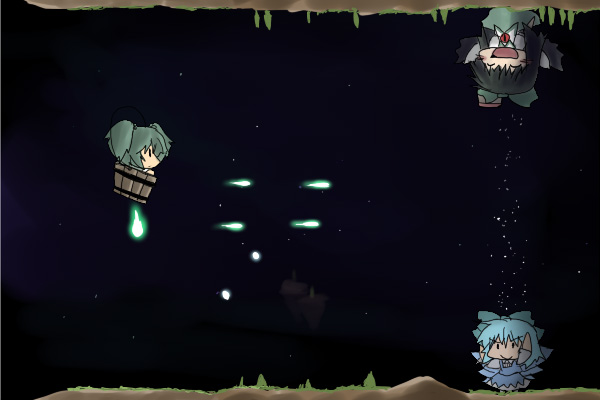 216, cirno, kisume, reiuji utsuho, gradius, touhou, bad id, bad pixiv id, 3girls, bucket, dark, dress, fake screenshot, female focus, gradius rebirth, in bucket, in container, multiple girls, nature, parody, plant