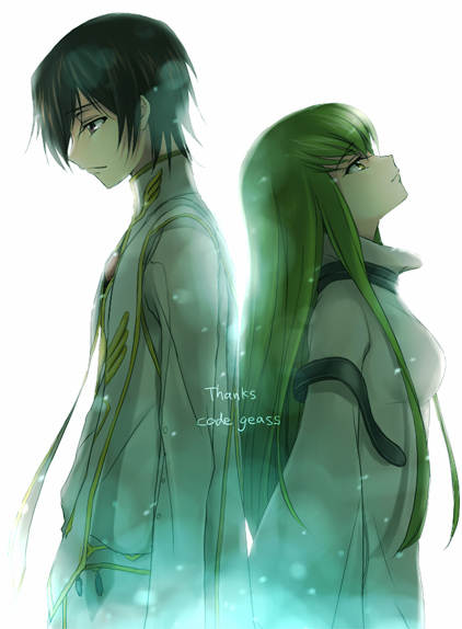 ryou (kimagure), c.c., lelouch vi britannia, code geass, bad id, bad pixiv id, 00s, 1boy, 1girl, back-to-back, black hair, green hair, long hair