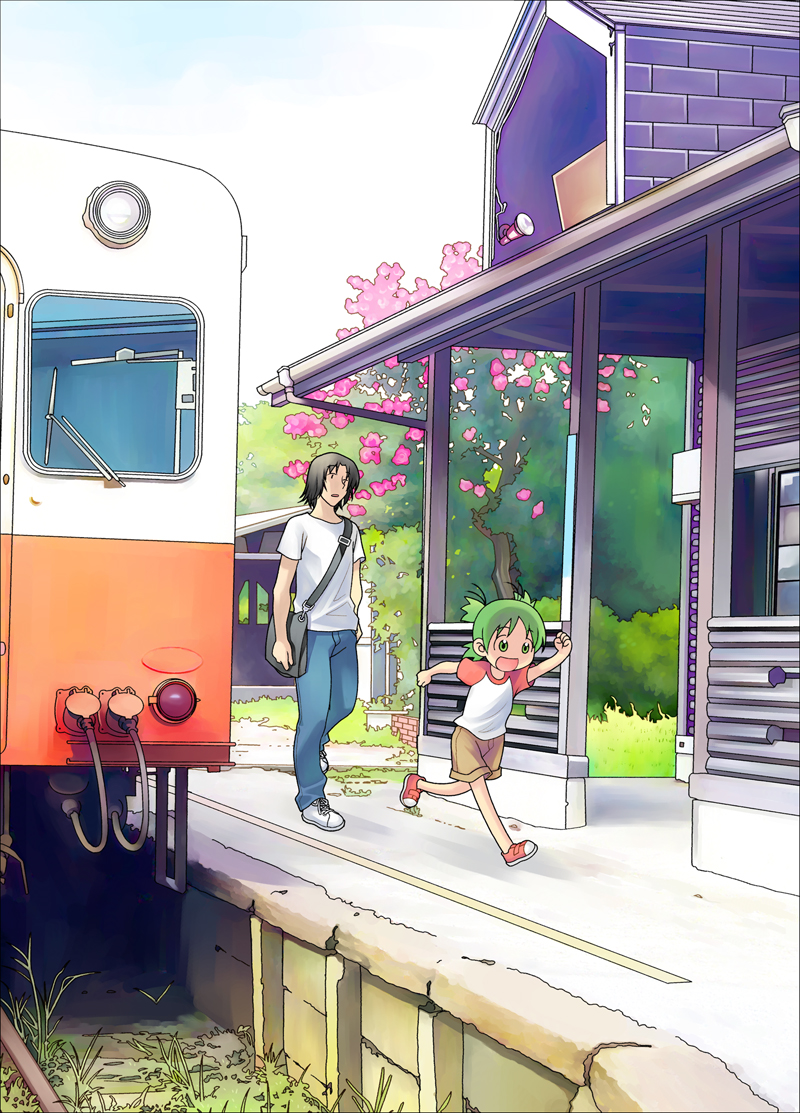 kugajou takaya, naruse hirofumi, koiwai yotsuba, mr. koiwai, yotsubato!, 1boy, 1girl, black hair, cherry blossoms, child, father and daughter, green eyes, green hair, kugajo, multiple unit train, quad tails, raglan sleeves, short hair, slice of life, train