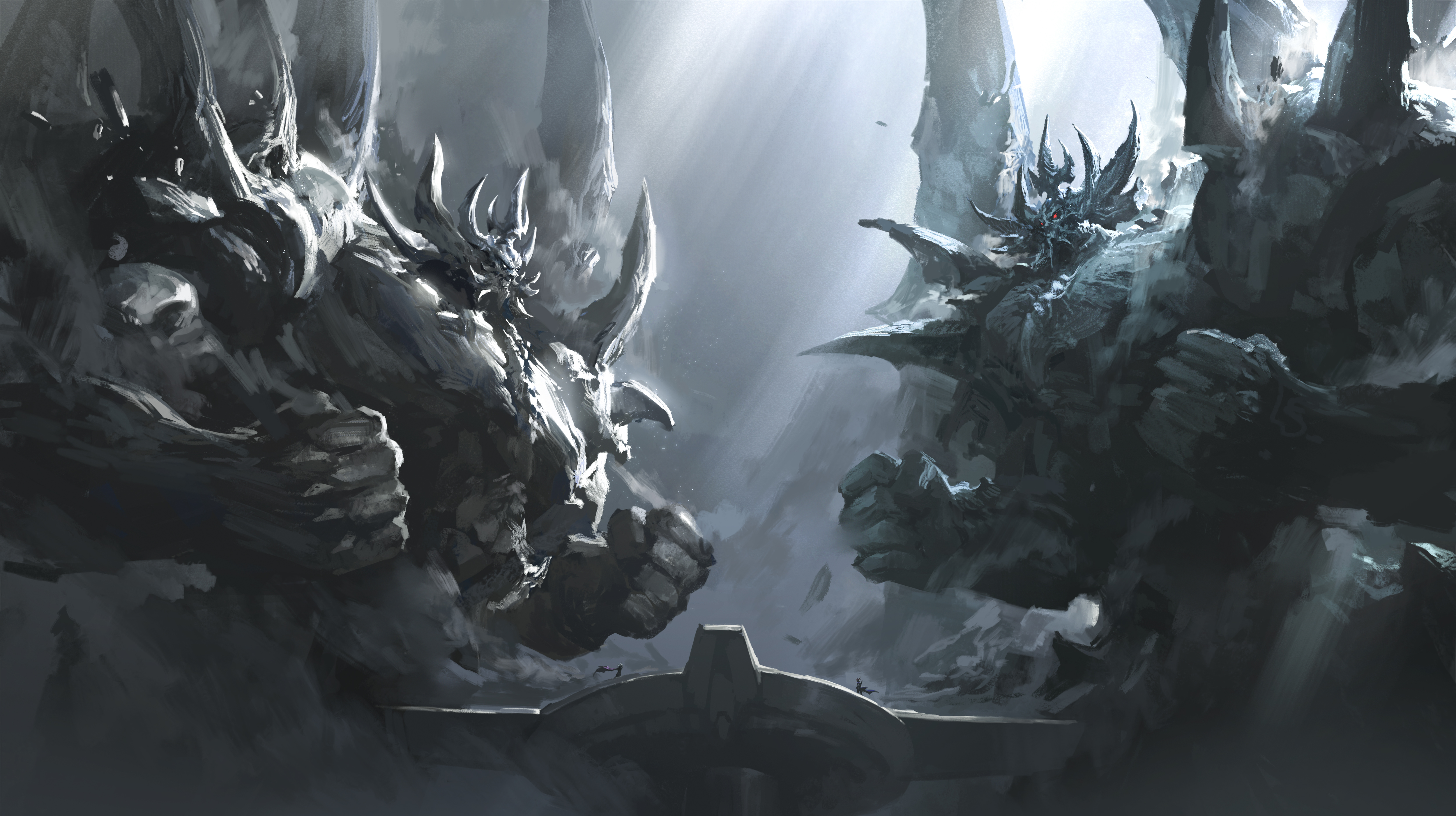 pixiv, artist request, 2boys, fist fight, leo, monster, multiple boys, ruins, scenery, spikes