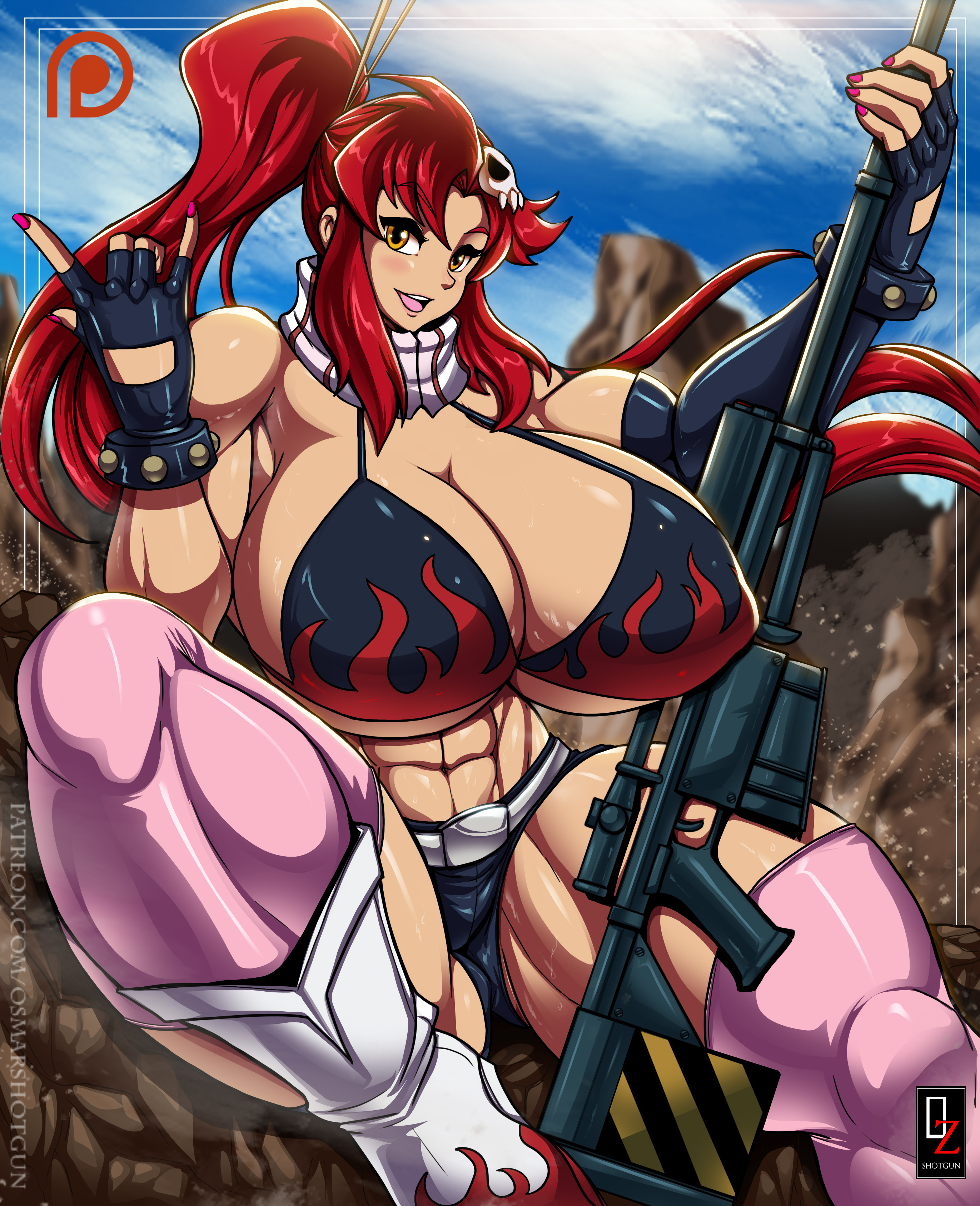 osmar-shotgun, yoko littner, tengen toppa gurren lagann, absurdres, highres, 1girl, bare shoulders, breasts, cleavage, curvy, female focus, fingerless gloves, gloves, gun, huge breasts, long hair, looking at viewer, muscular, muscular female, nail polish, ponytail, red hair, rifle, scarf, short shorts, shorts, sitting, sniper rifle, solo, thick thighs, thighhighs, thighs, weapon, yellow eyes