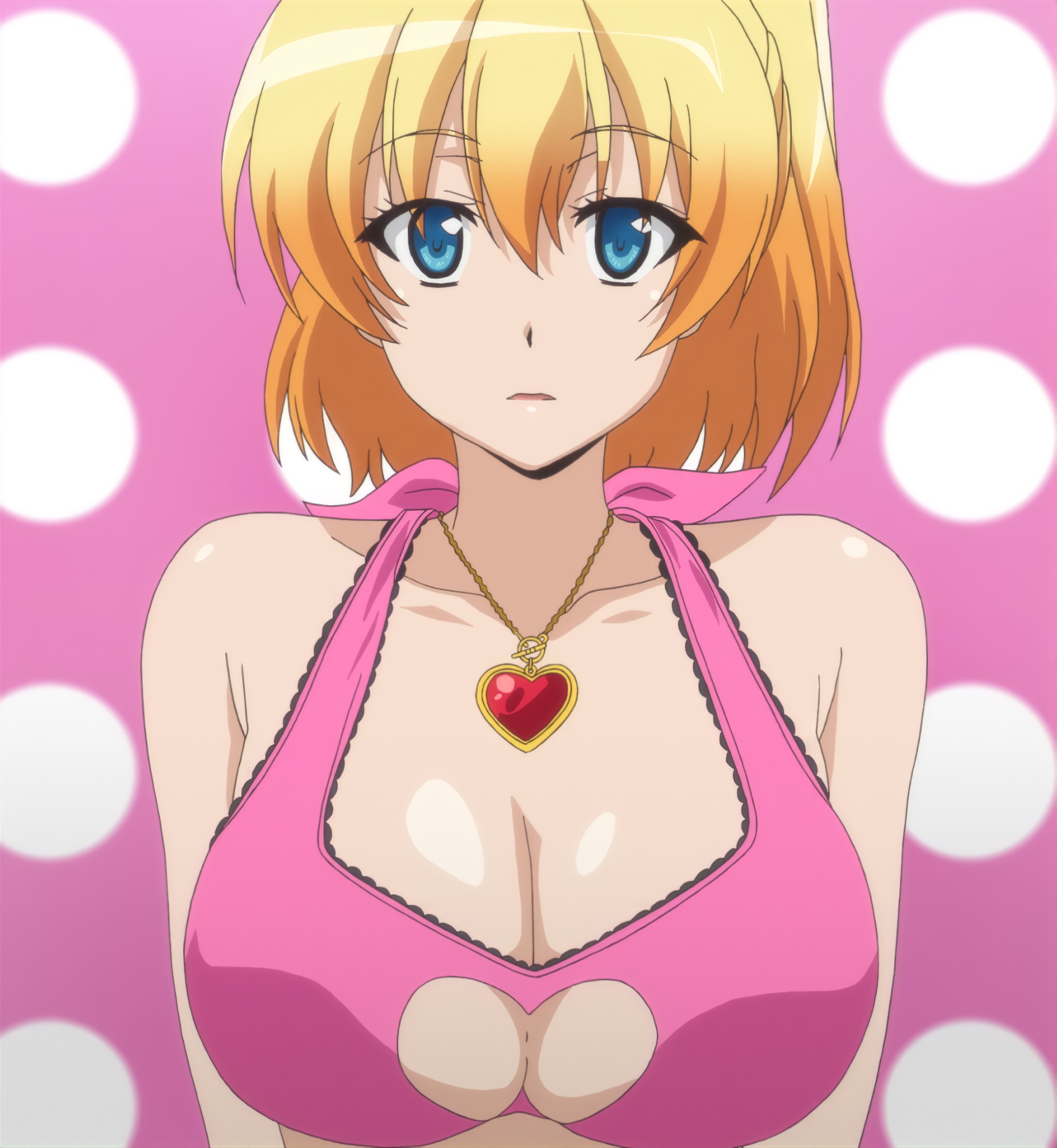 fukumune iria, dakara boku wa h ga dekinai, highres, stitched, third-party edit, 1girl, bare shoulders, blonde hair, blue eyes, breasts, cleavage, clothing cutout, female focus, heart, heart cutout, heart necklace, jewelry, large breasts, looking at viewer, necklace, solo