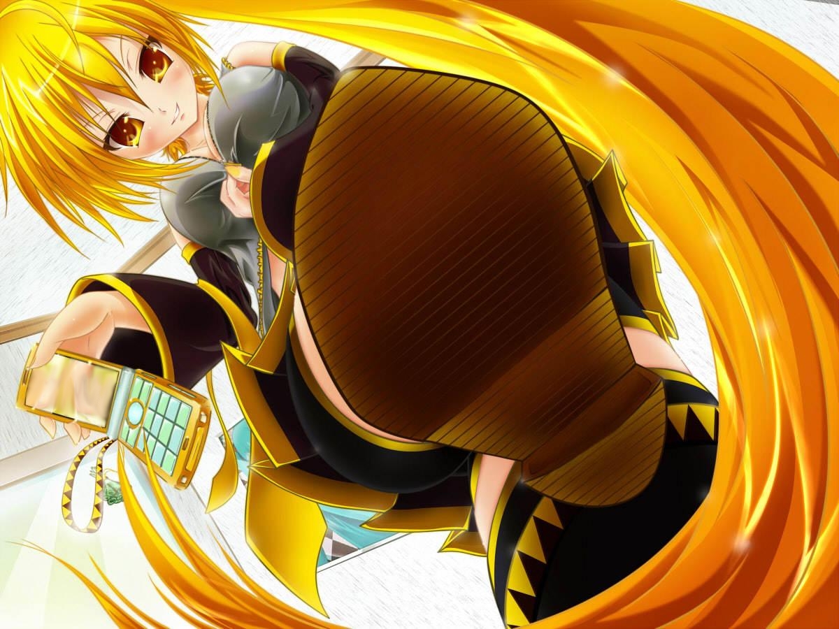 nironiro, akita neru, vocaloid, non-web source, 1girl, bike shorts, blonde hair, boots, cellphone, detached sleeves, dutch angle, feet, female focus, foot focus, long hair, phone, ponytail, pov, solo, thighhighs, very long hair, yellow eyes