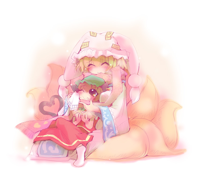 usoneko, chen, yakumo ran, touhou, bad id, bad pixiv id, 2girls, animal ears, animal hat, blonde hair, blush, cat ears, cat girl, cat tail, earrings, eating, female focus, food, fox ears, fox tail, hat, heart, heart tail, jewelry, long sleeves, mob cap, multiple girls, multiple tails, one eye closed, short hair, socks, tail, tassel, wide sleeves, wink