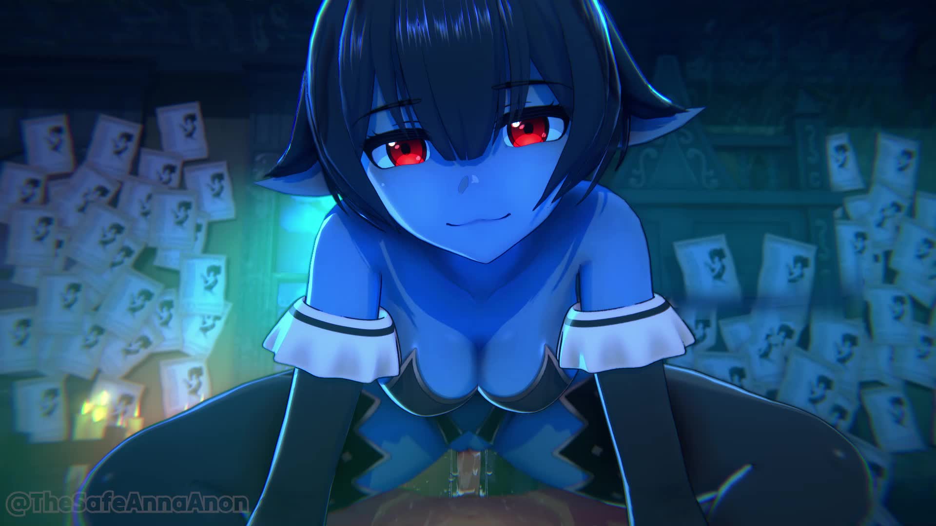 anna anon, opalu (voice actor), original, animated, commentary, english commentary, highres, koikatsu (medium), looping animation, sound, tagme, video, 1boy, 1girl, 3d, artist name, assertive female, blue hair, blue skin, breasts, colored skin, demon girl, detached sleeves, erection, girl on top, indoors, large breasts, looking at viewer, naughty face, penis, pov, pov crotch, pussy juice, red eyes, sex, short hair, straddling, tongue, tongue out, vaginal, watermark