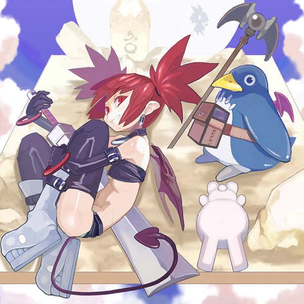 yuuki (irodo rhythm), etna (disgaea), pleinair, prinny, usagi-san, disgaea, original, 2girls, bag, demon tail, demon wings, grin, looking at viewer, multiple girls, rabbit, red hair, shadow, smile, staff, stuffed animal, stuffed rabbit, stuffed toy, tail, thighhighs, twintails, wings