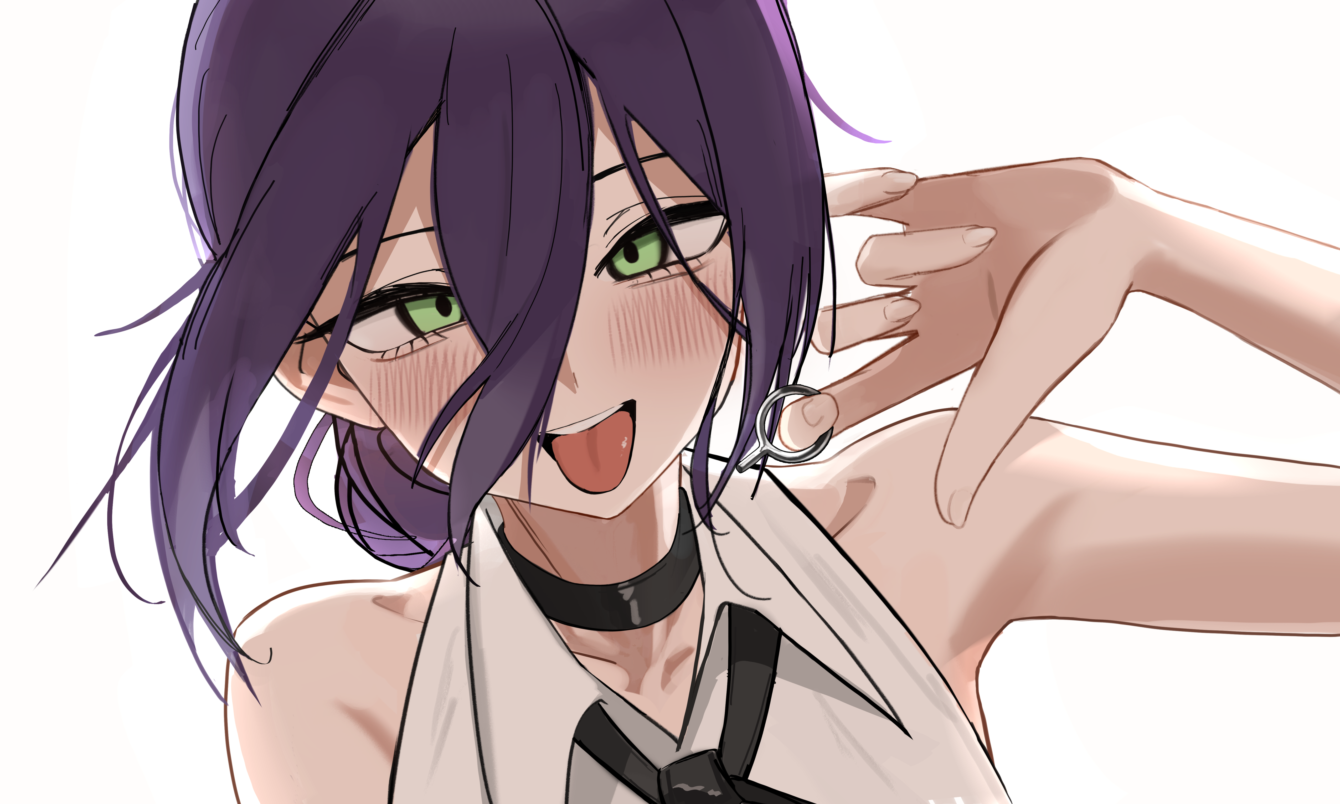ryoya, reze (chainsaw man), chainsaw man, absurdres, highres, 1girl, black choker, black ribbon, blush, choker, collared shirt, green eyes, grenade pin, hair between eyes, neck ribbon, open mouth, purple hair, ribbon, shirt, simple background, sleeveless, sleeveless shirt, solo, tongue, tongue out, white background, white shirt