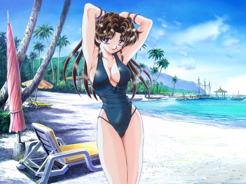 katsu aki, onoda yura, futari ecchi, 1girl, armpits, arms behind head, arms up, beach, black hair, bracelet, breasts, brown hair, casual one-piece swimsuit, chair, cleavage, cloud, day, earrings, female focus, highleg, highleg one-piece swimsuit, jewelry, large breasts, legs, lipstick, long hair, lounge chair, makeup, mountain, nature, one-piece swimsuit, outdoors, palm tree, purple eyes, red eyes, sideboob, sky, smile, solo, standing, swimsuit, tree, umbrella, water, wavy hair