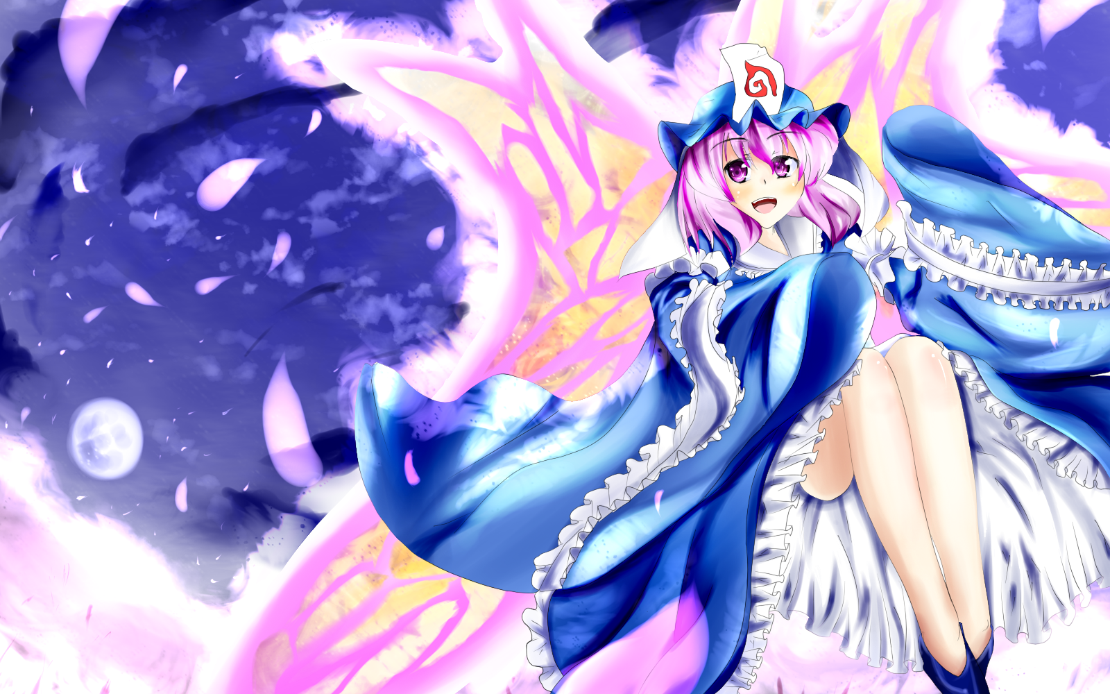 kal (pixiv), saigyouji yuyuko, touhou, bad id, bad pixiv id, highres, 1girl, female focus, hat, japanese clothes, kimono, outdoors, petals, pink hair, short hair, sky, solo, wings