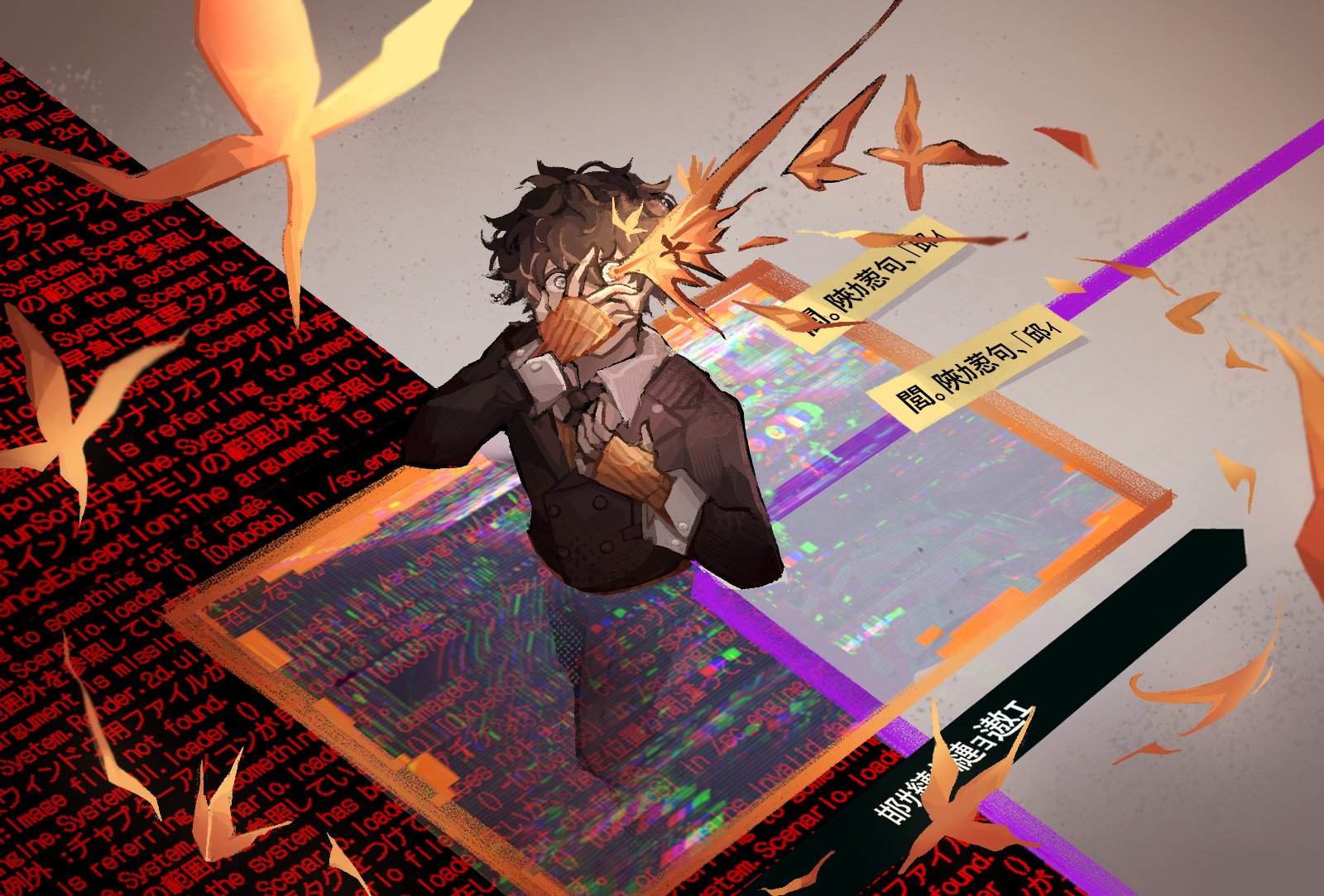 ryuki kuruto, ai the somnium files, ai the somnium files: nirvana initiative, commentary, english commentary, highres, 1boy, black hair, bug, butterfly, chinese text, english text, glitch, heterochromia, insect, looking at viewer, male focus, specialredo