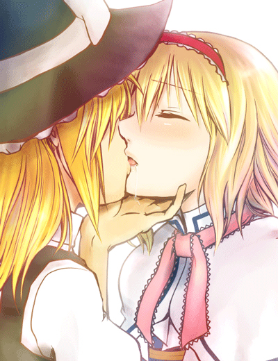 kiyohisa, toraneko, alice margatroid, kirisame marisa, touhou, bad id, bad pixiv id, 2girls, blonde hair, blush, closed eyes, female focus, french kiss, grabbing another's chin, hairband, hand on another's head, hat, kiss, lips, long hair, multiple girls, open mouth, ribbon, saliva, short hair, witch, witch hat, yuri