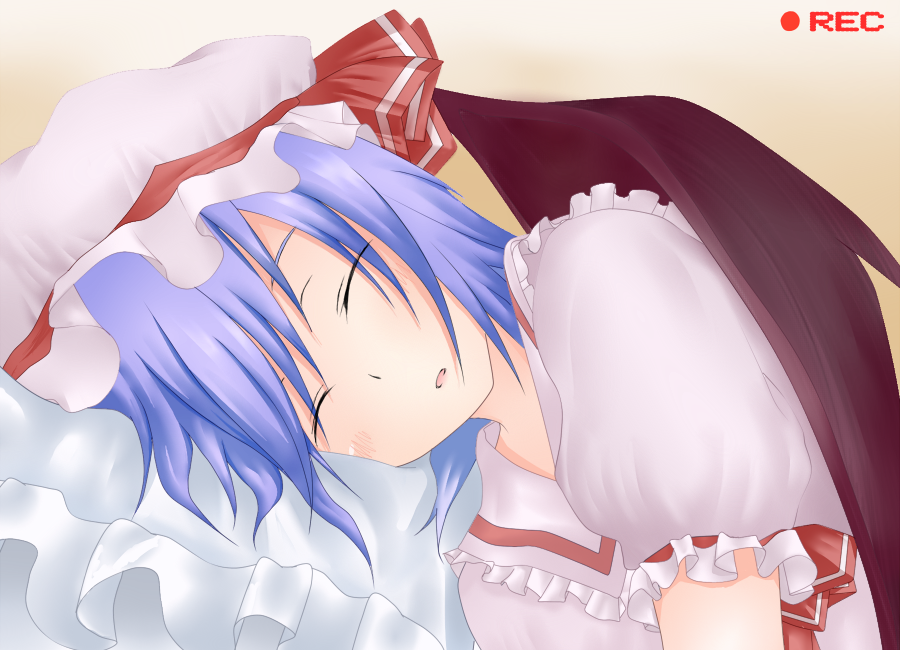 momiz-tama (pixiv), tokijiro, remilia scarlet, touhou, bad id, bad pixiv id, 1girl, blue hair, female focus, gradient background, hat, pillow, ribbon, short hair, sleeping, solo, upper body, wings
