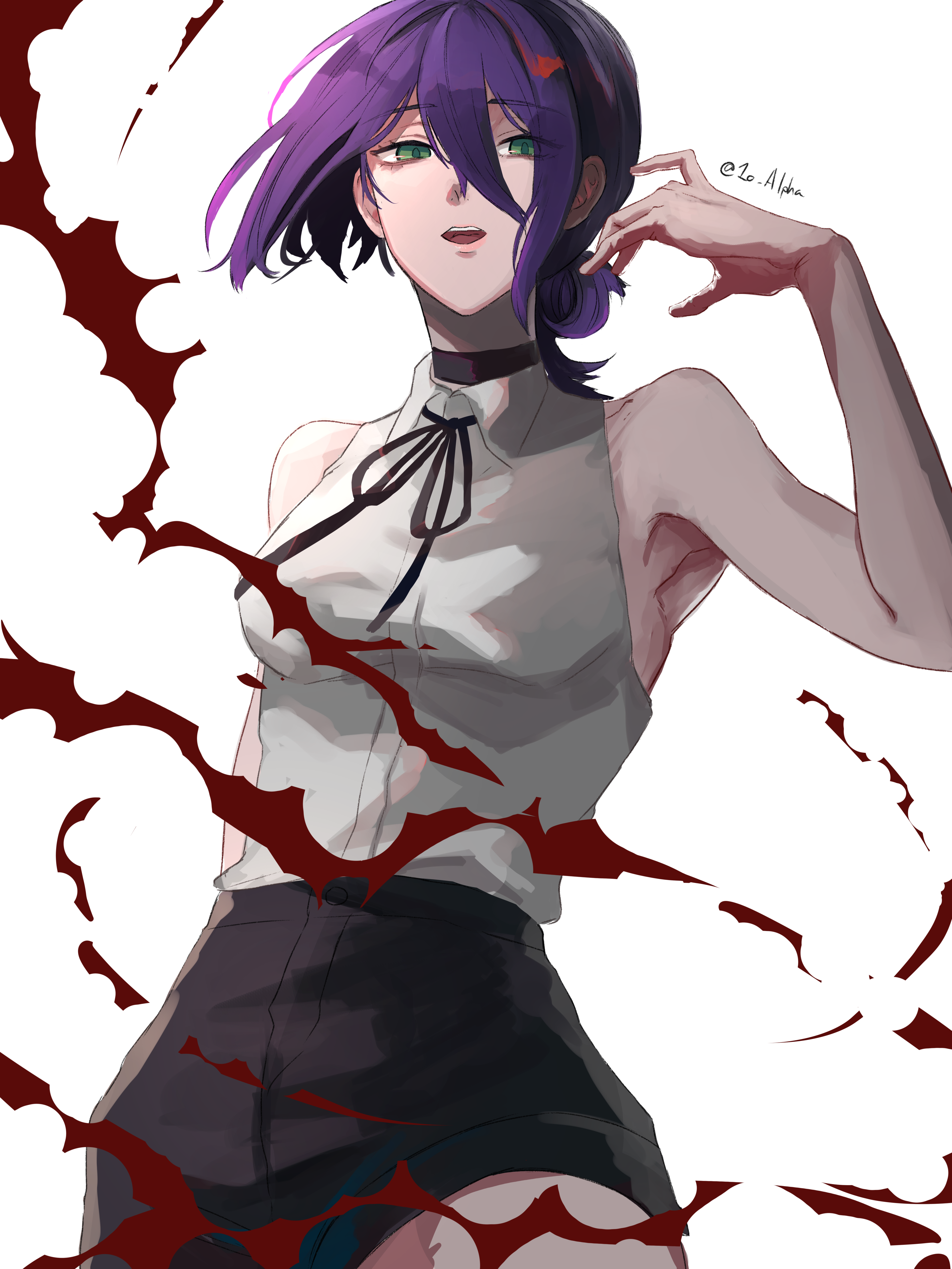 hiiro gekka, reze (chainsaw man), chainsaw man, absurdres, commentary request, highres, 1girl, black choker, black ribbon, black shorts, blood, breasts, choker, collared shirt, green eyes, hair between eyes, hair bun, medium breasts, neck ribbon, purple hair, ribbon, shirt, shirt tucked in, shorts, sleeveless, sleeveless shirt, solo, white background, white shirt
