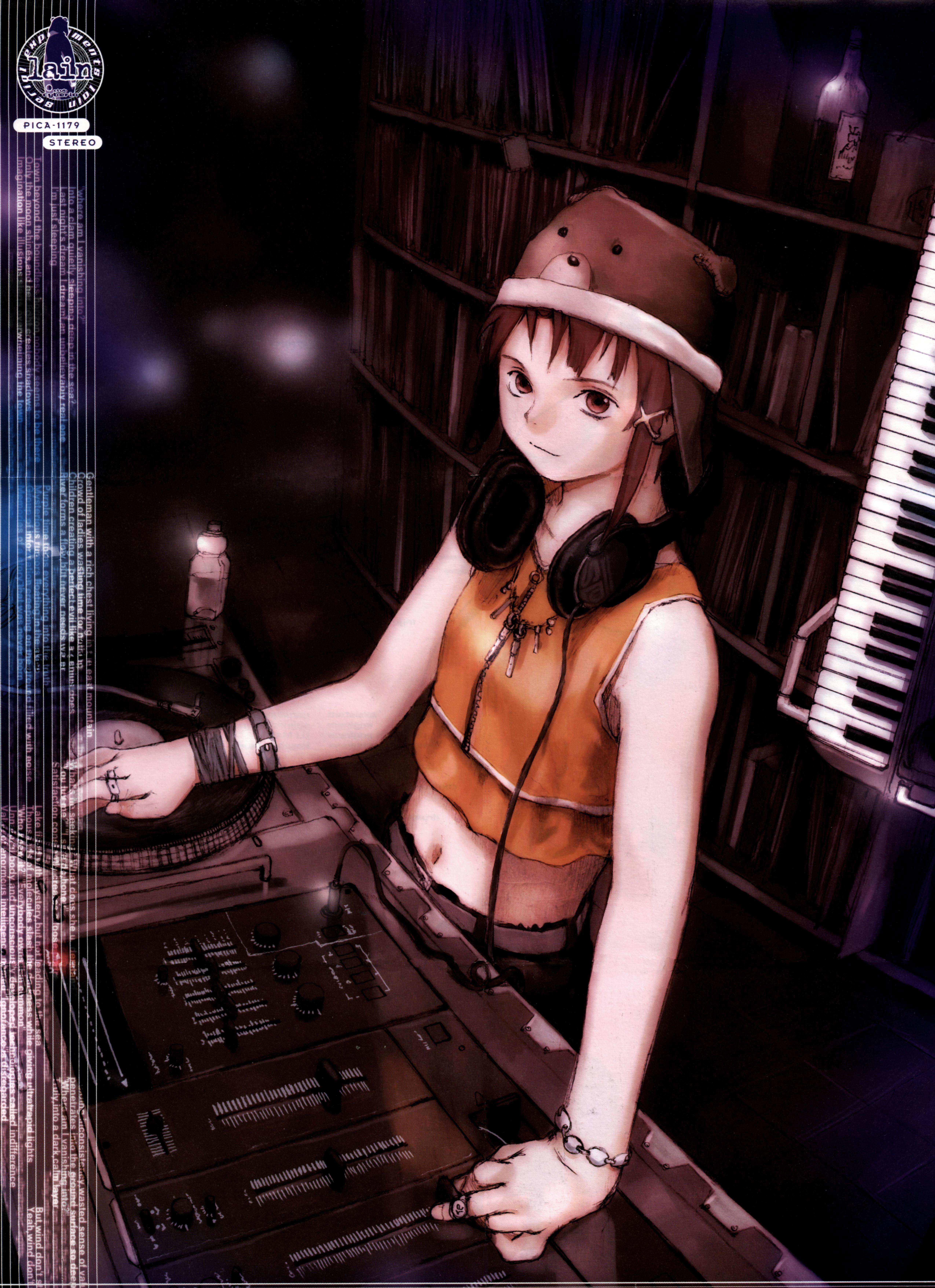 abe yoshitoshi, iwakura lain, serial experiments lain, absurdres, highres, official art, 1990s (style), 1girl, animal ears, bear ears, bottle, bracelet, brown eyes, brown hair, cowboy shot, dj, female focus, hair ornament, hairclip, hat, headphones, headphones around neck, indoors, instrument, jewelry, keyboard, keyboard (instrument), midriff, mixer, necklace, phonograph, ring, solo, standing, synthesizer, turntable