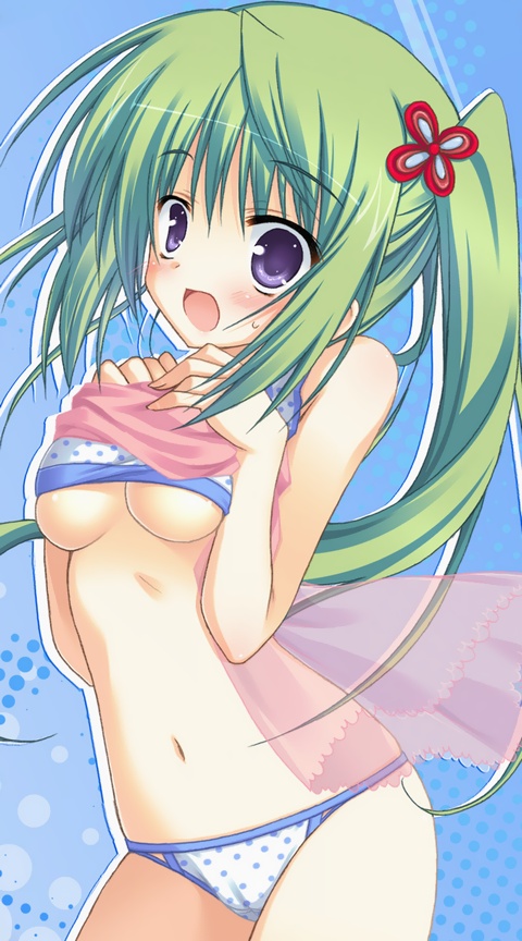 non-web source, 1girl, blush, bra, breasts, embarrassed, female focus, green hair, lingerie, long hair, panties, polka dot, purple eyes, solo, twintails, underboob, underwear, underwear only