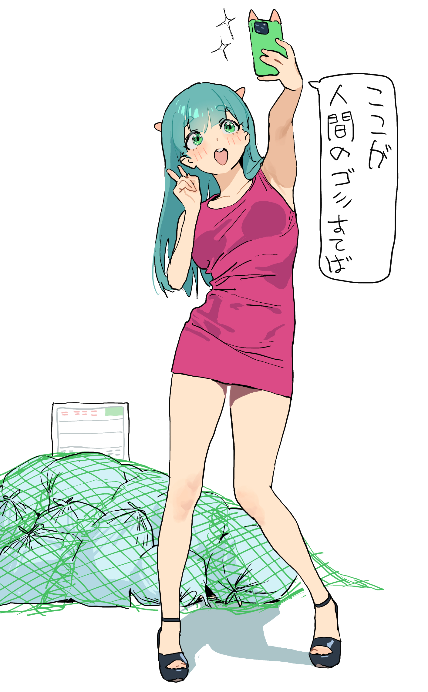 some1else45, nahia (some1else45), original, highres, 1girl, :d, aqua hair, arm up, armpits, bare legs, blush, breasts, cellphone, collarbone, dress, eyelashes, green eyes, high heel sandals, legs, long hair, medium breasts, nail polish, open mouth, phone, pink dress, sandals, selfie, shadow, short dress, simple background, sketch, smartphone, smile, solo, speech bubble, strappy heels, thick eyebrows, thighs, toenail polish, toenails, trash bag, v, white background