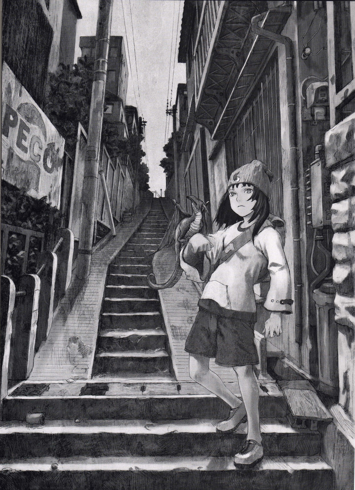 abe yoshitoshi, highres, black hair, dragon, greyscale, hat, monochrome, perspective, shorts, solo, stairs