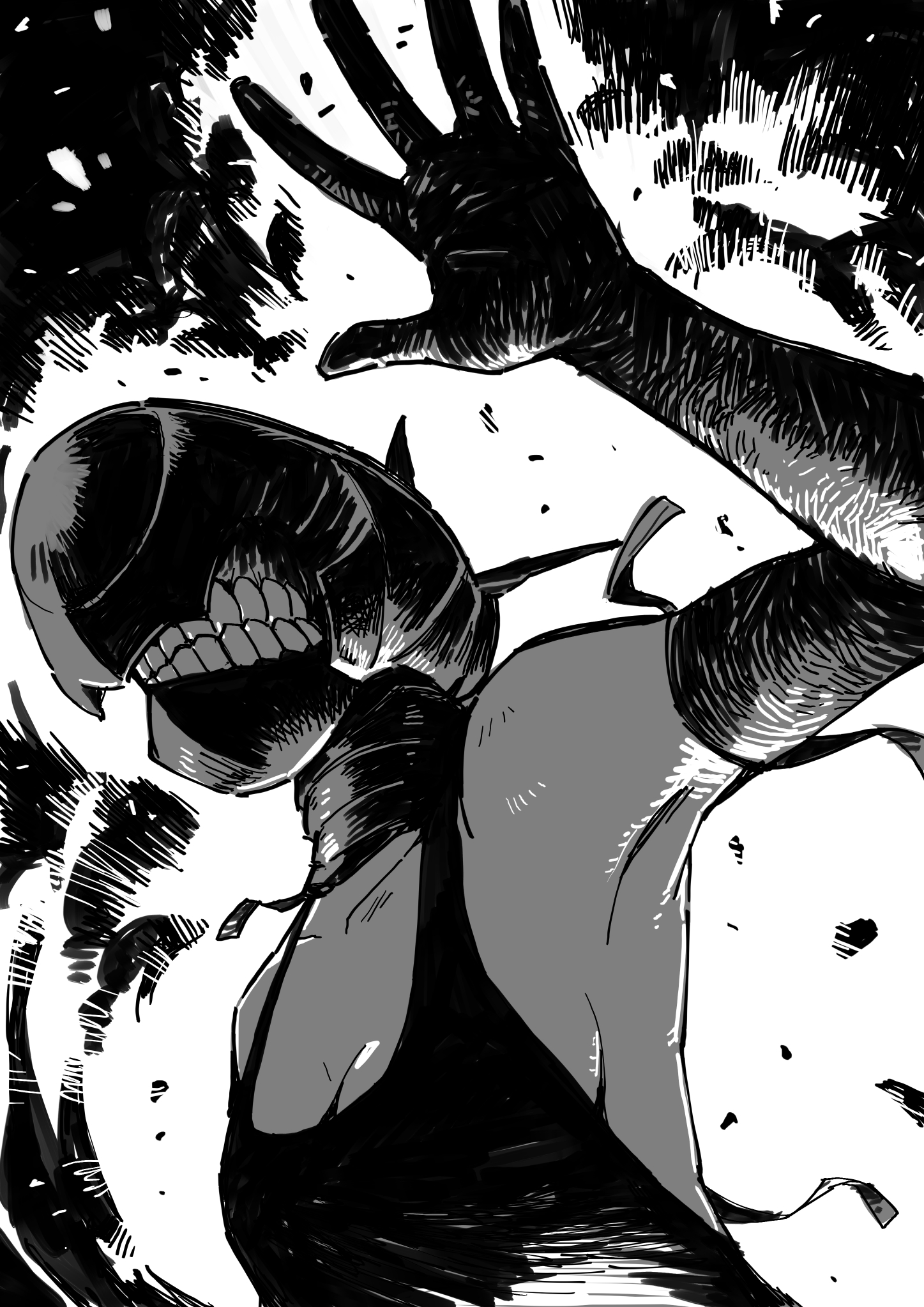 hanehitsuji (hitsuzibane), bomb devil (chainsaw man), chainsaw man, commentary request, highres, 1girl, apron, breasts, elbow gloves, gloves, greyscale, hand up, medium breasts, monochrome, object head, solo, teeth