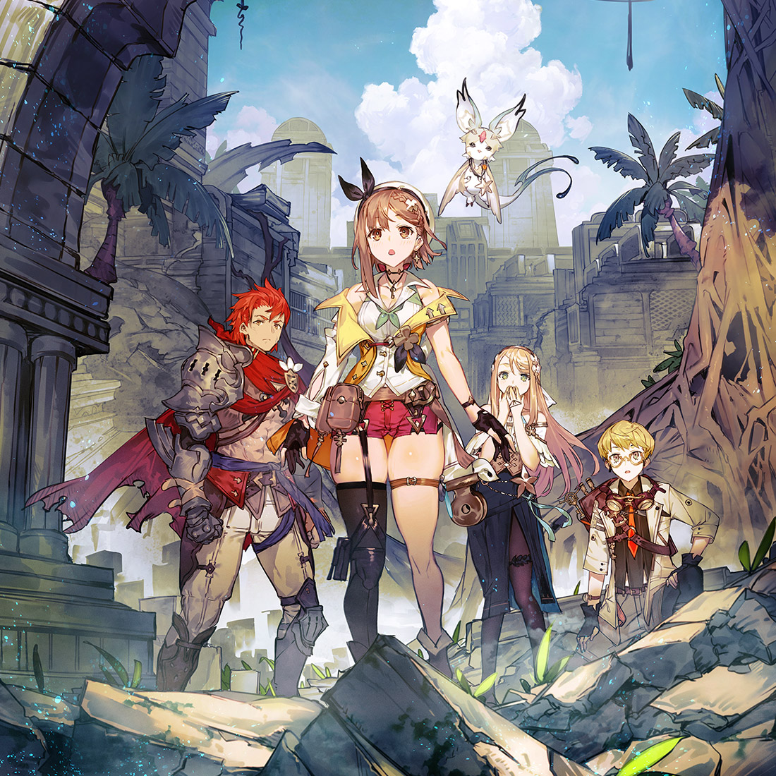 toridamono, fi (atelier), klaudia valentz, lent marslink, reisalin stout, tao mongarten, atelier (series), atelier ryza, atelier ryza 2, official art, second-party source, 2boys, 2girls, abs, armor, asymmetrical legwear, bare shoulders, beret, black gloves, black pantyhose, black skirt, black thighhighs, blonde hair, blue sky, brown eyes, brown hair, cape, closed mouth, covering own mouth, glasses, gloves, hat, long hair, medium skirt, multiple boys, multiple girls, open mouth, pantyhose, pauldrons, red cape, red hair, red shorts, ruins, shirt, short shorts, shorts, shoulder armor, single thighhigh, skirt, sky, sleeveless, sleeveless shirt, standing, thigh strap, thighhighs, torn cape, torn clothes, white hat, white shirt