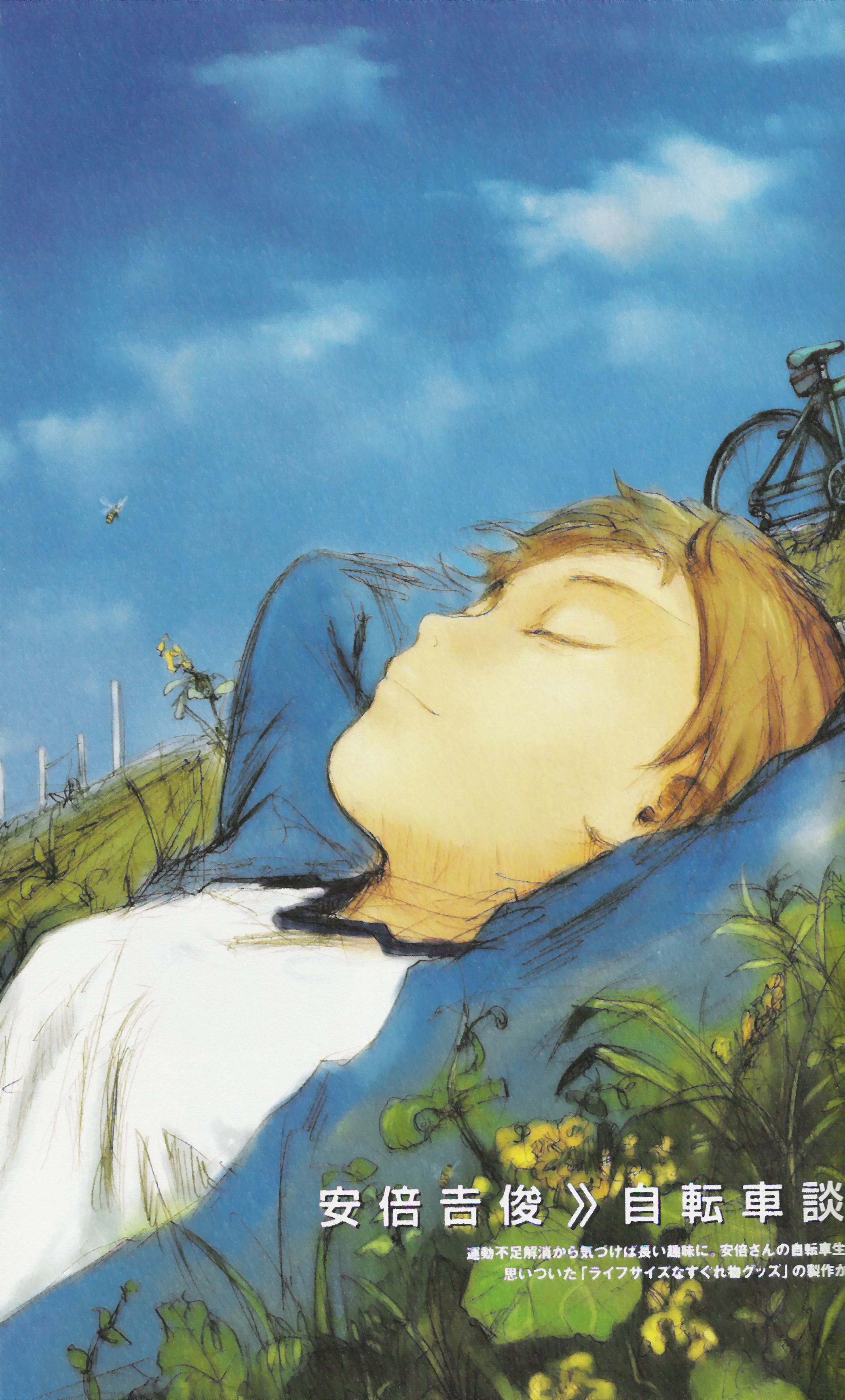 abe yoshitoshi, absurdres, highres, 1girl, bee, bicycle, bug, day, female focus, flower, grass, insect, sky, solo