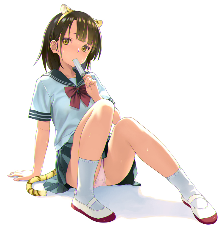 koutaro, original, commentary request, 1girl, animal ear hairband, animal ears, arm support, averting eyes, bare legs, black sailor collar, black skirt, blunt bangs, bow, bowtie, brown eyes, brown hair, eating, fake animal ears, food, food in mouth, hairband, holding, holding food, holding popsicle, knees together feet apart, knees up, legs, medium hair, panties, pantyshot, pink panties, pleated skirt, popsicle, popsicle in mouth, red bow, red bowtie, sailor collar, school uniform, serafuku, shoes, short sleeves, sitting, skirt, socks, solo, sweat, tail, tiger ears, tiger tail, underwear, white background, white serafuku, white shoes, white socks