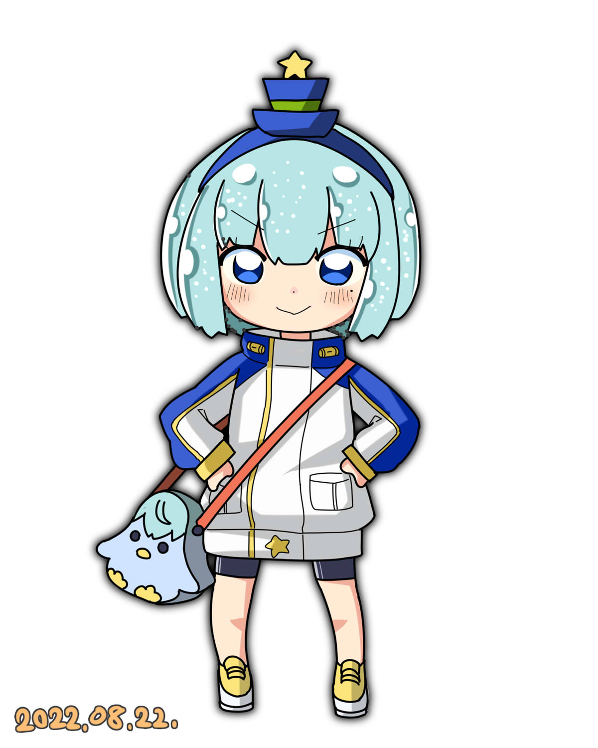 itini-sanshi, puniru (puniru wa kawaii slime), 2channel, puniru wa kawaii slime, commentary request, highres, 1boy, 2channel (/livejupiter/), aile-kun, black shorts, blue eyes, blue hair, blue hairband, blue hat, blush, closed mouth, cosplay, crossdressing, crossdressing (mtf), dated, full body, hairband, hat, jacket, long sleeves, looking at viewer, male focus, mini hat, mini top hat, puniru (puniru wa kawaii slime) (cosplay), raglan sleeves, shoes, short hair, shorts, simple background, solo, standing, top hat, white background, white jacket, yellow shoes