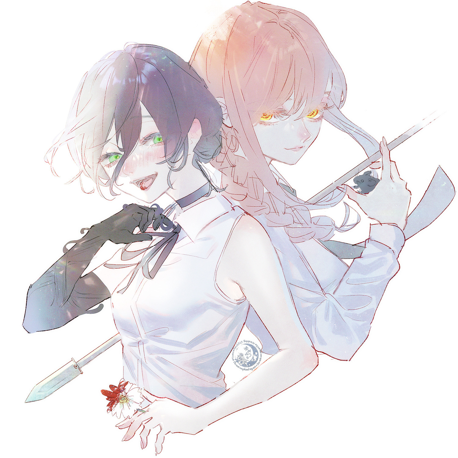 yumemitsuki125, makima (chainsaw man), reze (chainsaw man), chainsaw man, highres, 2girls, animal, black gloves, black hair, blood on flower, blush, braid, braided ponytail, collarbone, elbow gloves, flower, gloves, green eyes, grenade pin, grey necktie, hair between eyes, holding, holding animal, looking at viewer, mouse (animal), multiple girls, necktie, open mouth, polearm, red hair, shirt, sidelocks, simple background, single elbow glove, sleeveless, sleeveless shirt, spear, weapon, white background, white flower, white shirt, yellow eyes