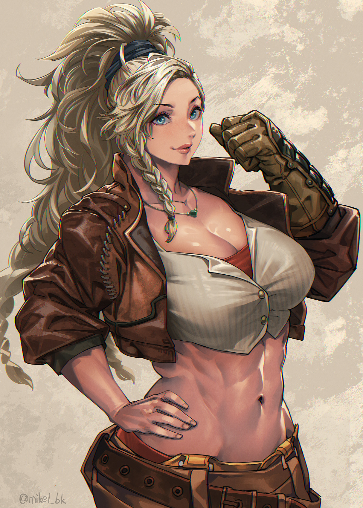 mikel (4hands), gemma (monster hunter wilds), monster hunter (series), monster hunter wilds, highres, 1girl, abs, belt, blonde hair, blue eyes, braid, breasts, brown belt, brown gloves, brown jacket, cleavage, cropped jacket, gloves, hand on own hip, jacket, jewelry, large breasts, long hair, looking at viewer, midriff, navel, necklace, ponytail, side braid, single glove, smile, solo, stomach, toned, toned female
