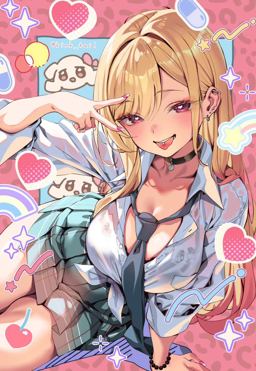 kink (tortoiseshell), kitagawa marin, sono bisque doll wa koi wo suru, commentary request, highres, 1girl, :p, arm support, barbell piercing, bead bracelet, beads, black choker, blonde hair, blue necktie, blue skirt, blush, bra, bra peek, bra visible through clothes, bracelet, breast pocket, breasts, choker, dress shirt, ear piercing, earrings, gyaru, heart, heart-shaped pupils, industrial piercing, jewelry, large breasts, long hair, looking at viewer, loose necktie, nail polish, necktie, open mouth, piercing, pink eyes, pink nails, plaid clothes, plaid skirt, pleated skirt, pocket, ring, school uniform, shirt, sitting, skirt, sleeves rolled up, solo, star (symbol), symbol-shaped pupils, tied shirt, tongue, tongue out, tongue piercing, twitter username, underwear, v, very long fingernails, very long hair, white shirt, yokozuwari