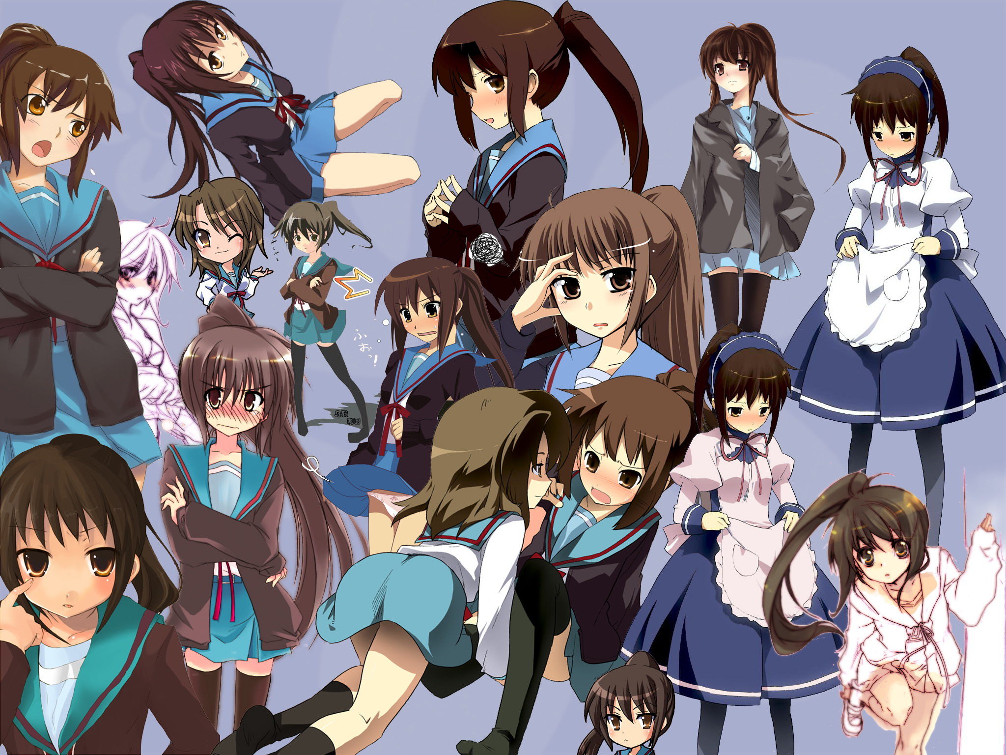 koizumi itsuki (female), kyonko, suzumiya haruhi no yuuutsu, artist collaboration, highres, third-party edit, 00s, 2girls, blush, brown eyes, brown hair, cardigan, collage, crossed arms, genderswap, genderswap (mtf), maid, multiple girls, nervous, pantyhose, ponytail, school uniform, serafuku, tears, thighhighs, waitress
